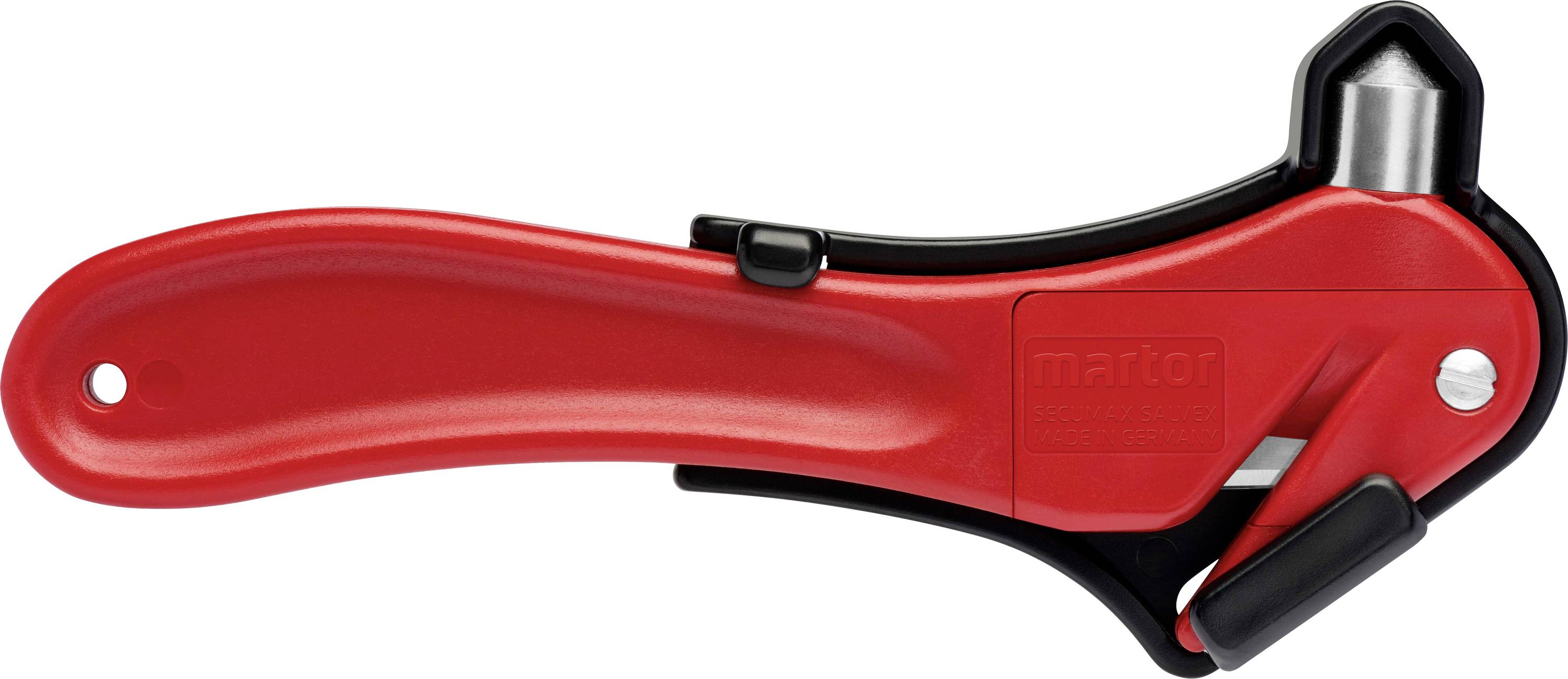 Un coupe-ceinture de sécurité rouge avec poignée noire et brise-vitre intégré, conçu pour couper rapidement les ceintures de sécurité.