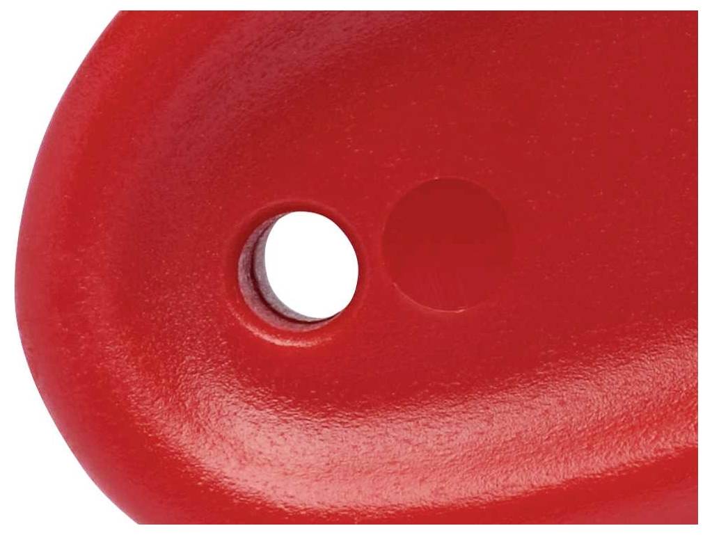 Pièce métallique rouge avec deux trous, l'un plus grand que l'autre, probablement un composant d'un outil ou d'une machine.