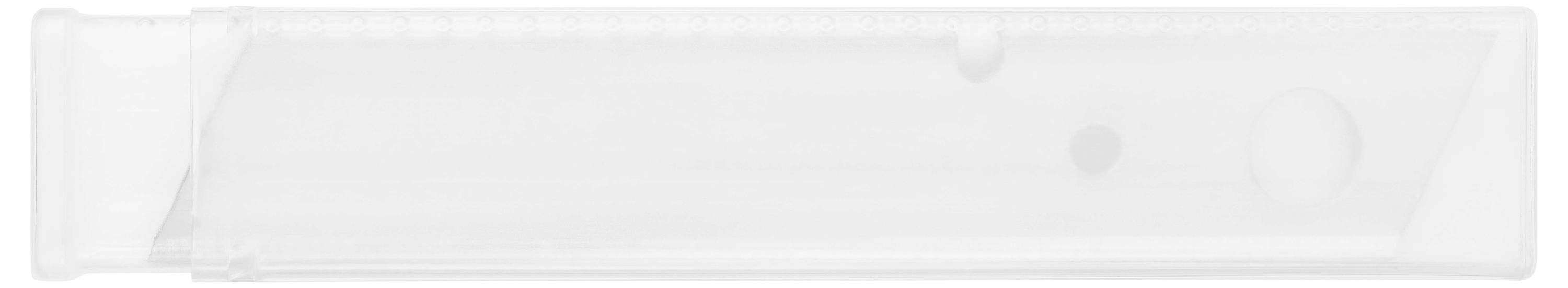 Une règle transparente rectangulaire avec des repères clairs et une pochette de rangement, posée sur une surface blanche.