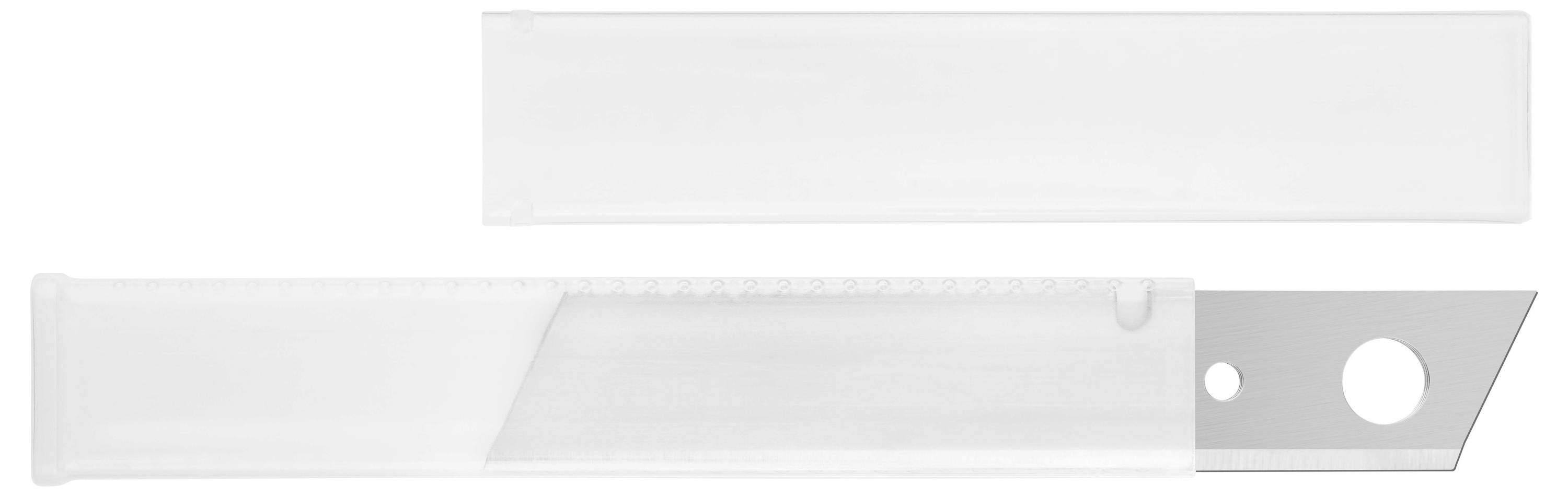 Un couteau multifonction avec la lame sortie, à côté duquel se trouve un étui transparent en plastique. Idéal pour couper divers matériaux.