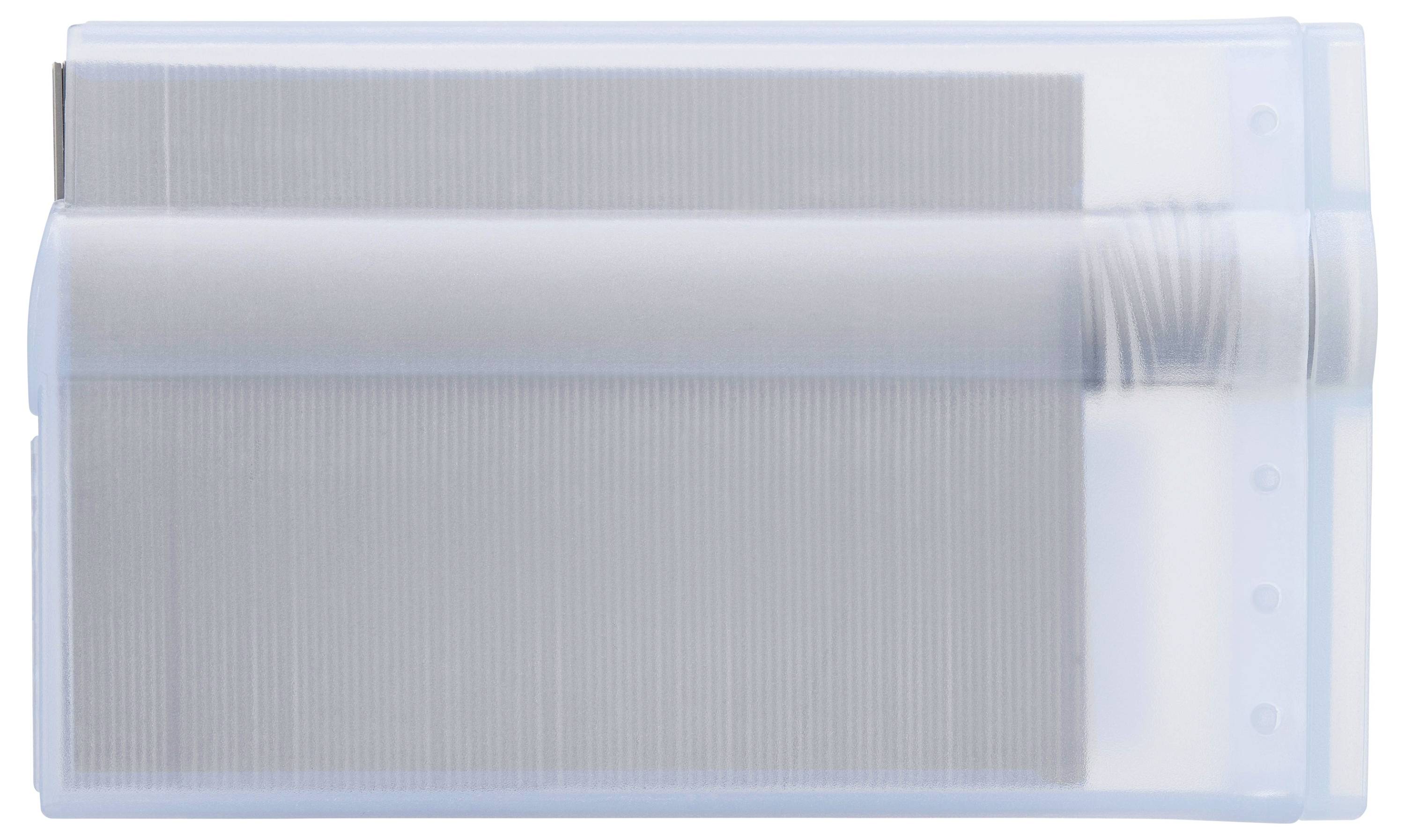 Un récipient en plastique transparent avec une lame métallique à l'intérieur, ressemblant à un râteau, utilisé pour enlever les poils d'animaux ou pour nettoyer.