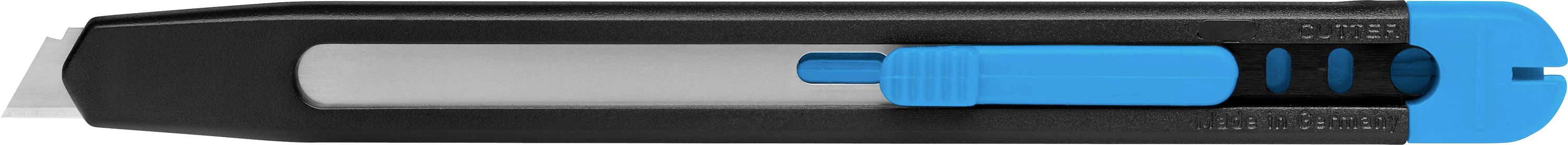 Un cutter noir avec un mécanisme de coulissement bleu et la lame sortie.