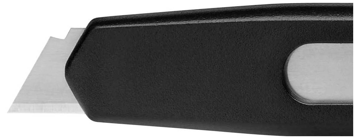 Couteau utilitaire noir avec lame sortie, vu de côté.