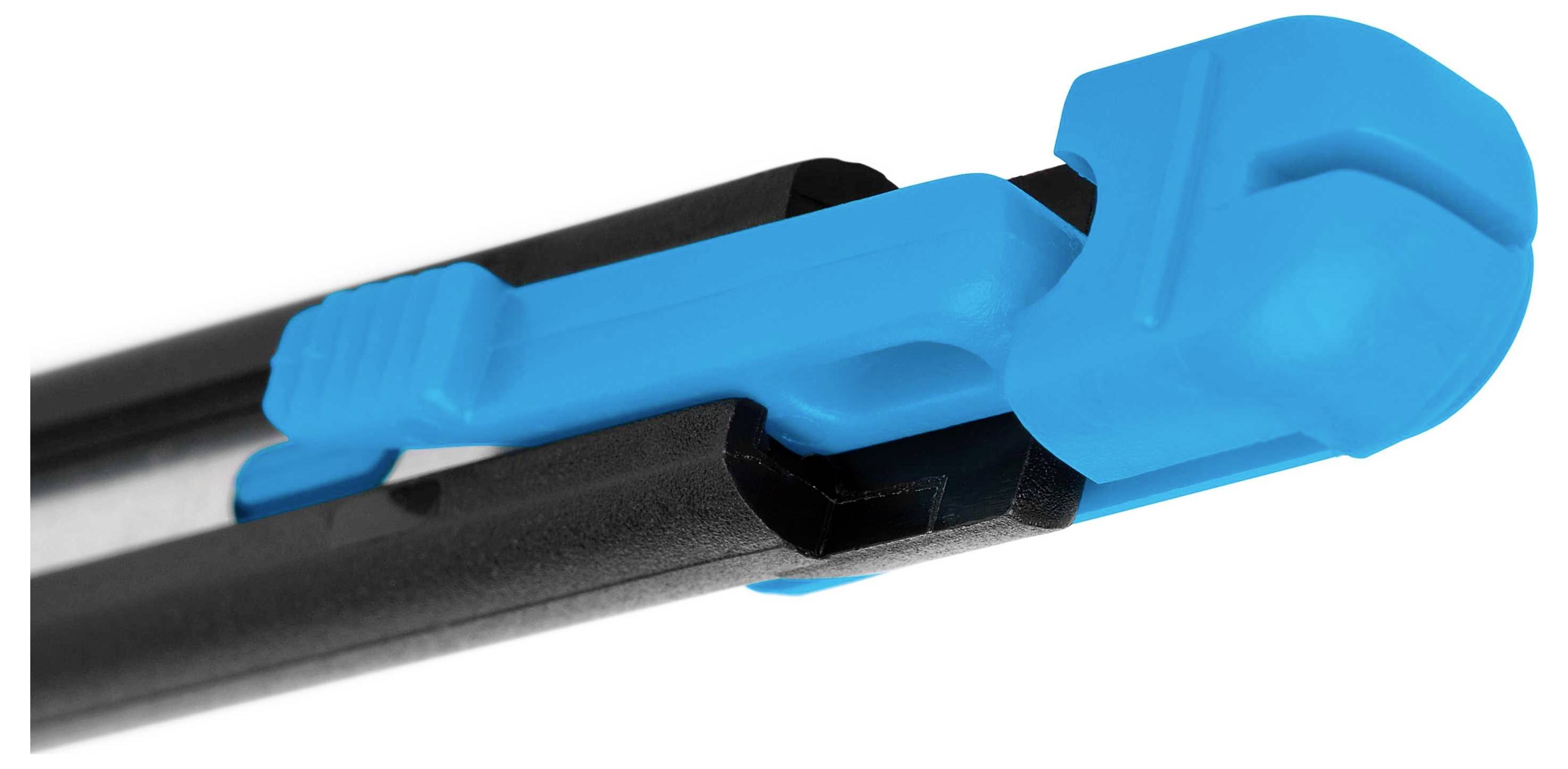 Un stylo noir avec un embout bleu et un clip bleu.