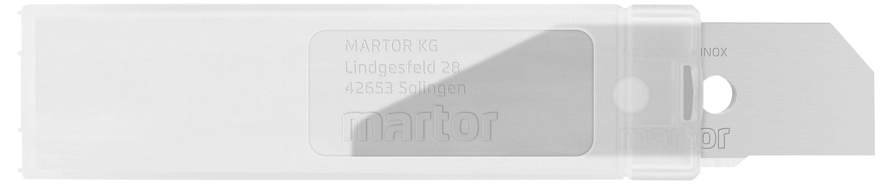 Un étui transparent contenant un support de lame de rechange pour couteau de sécurité, portant l'inscription 'MARTOR KG'.