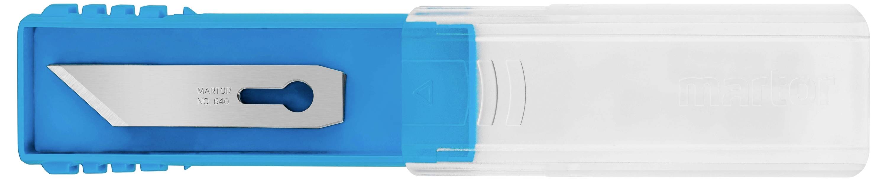 Une gaine de sécurité pour scalpel bleue avec une lame métallique visible dans un étui en plastique transparent pour un rangement sécurisé.