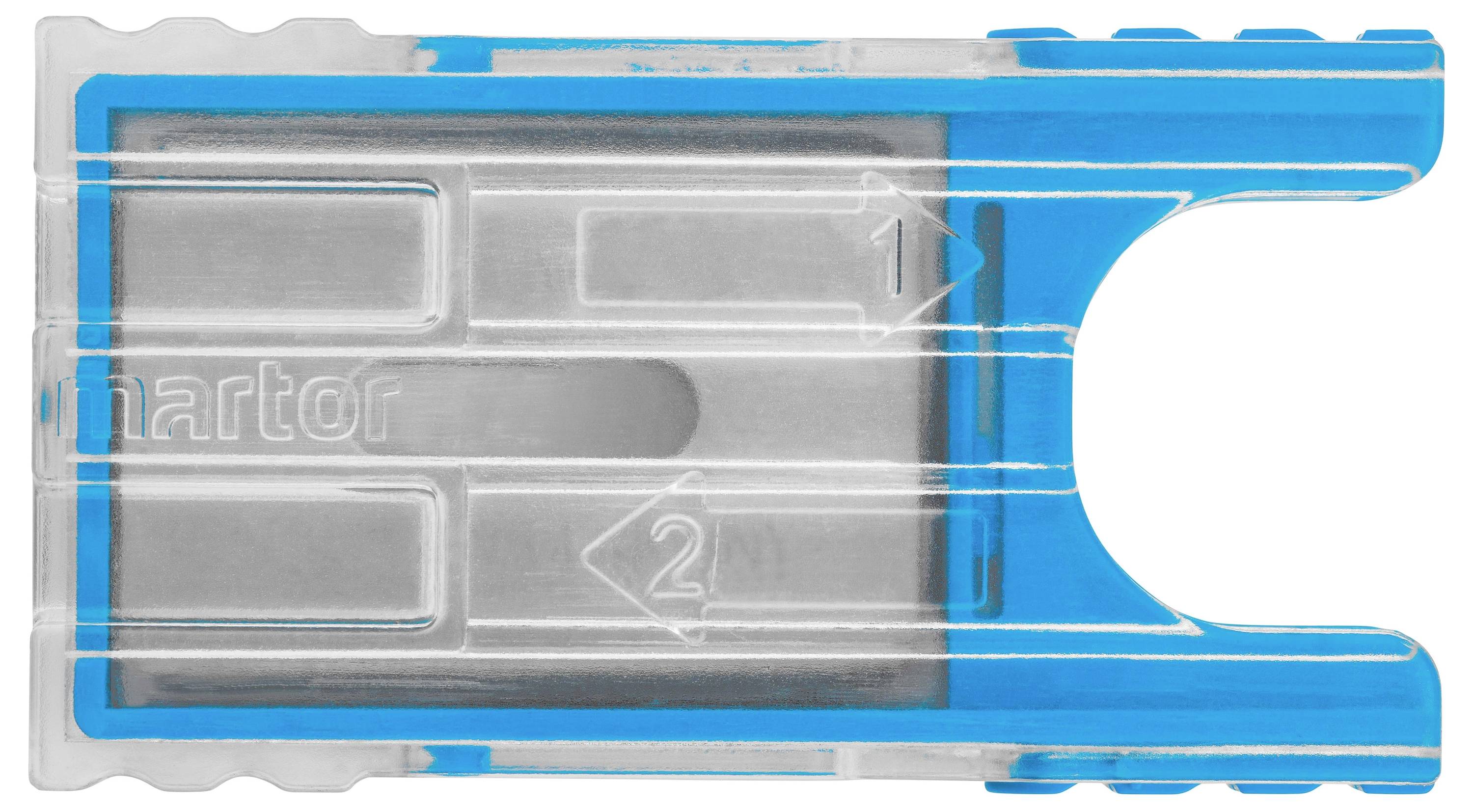 Un support de lame de sécurité bleu avec deux logements marqués '1' et '2' pour les lames, dans un boîtier transparent.