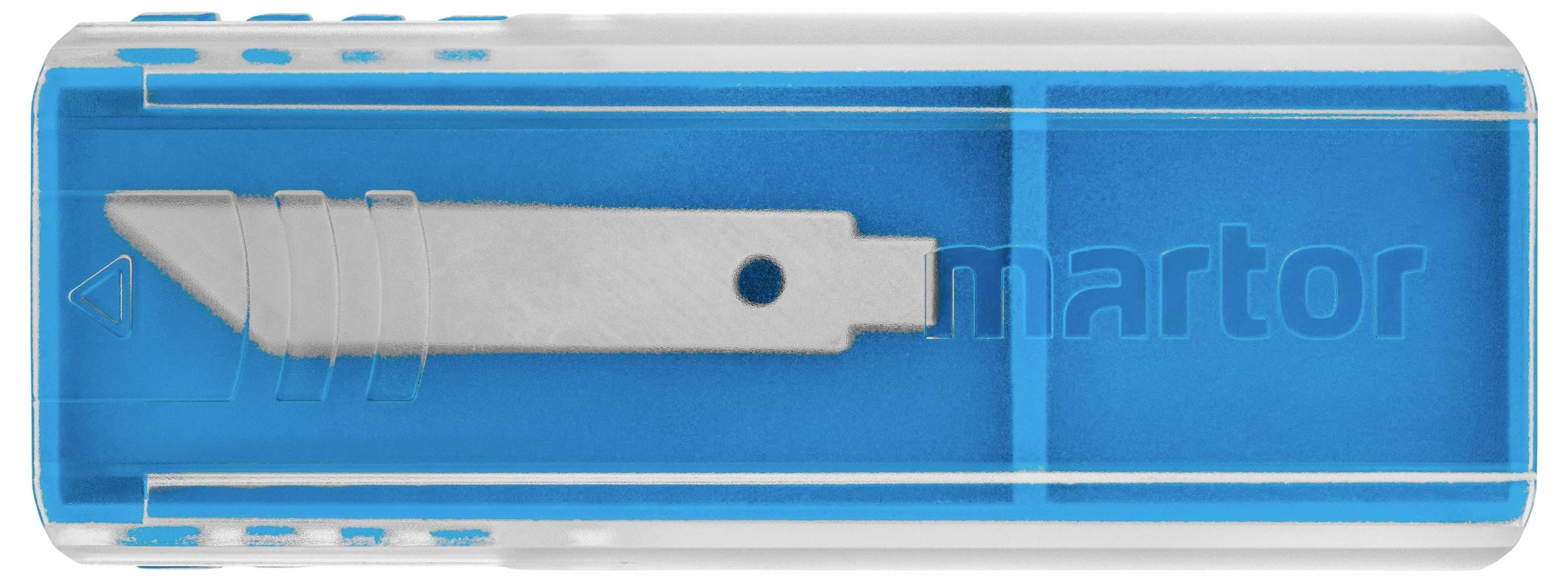 Un boîtier en plastique bleu contient une lame de coupe argentée. Le boîtier est rectangulaire et transparent.