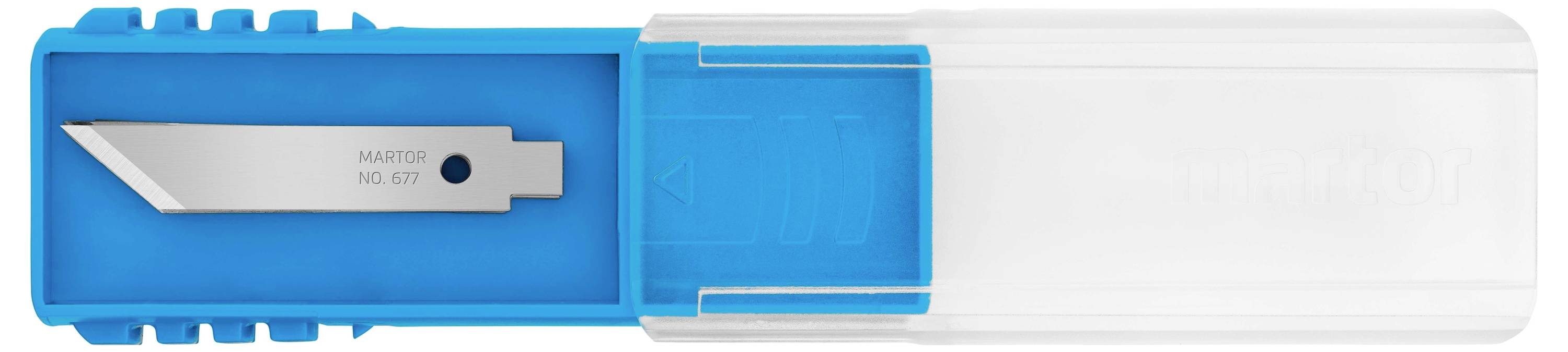 Un scalpel avec une lame dans un étui en plastique bleu et transparent.