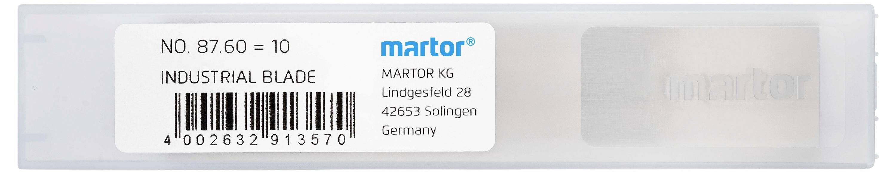 Emballage portant l'inscription 'INDUSTRIAL BLADE'. Contient un code-barres et l'adresse : MARTOR KG, Lindgesfeld 28, 42653 Solingen, Allemagne.