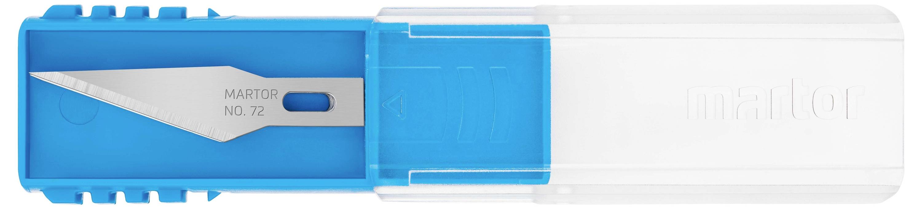 Un couteau de sécurité bleu et blanc avec une lame protégée, adapté pour couper des matériaux en toute sécurité.