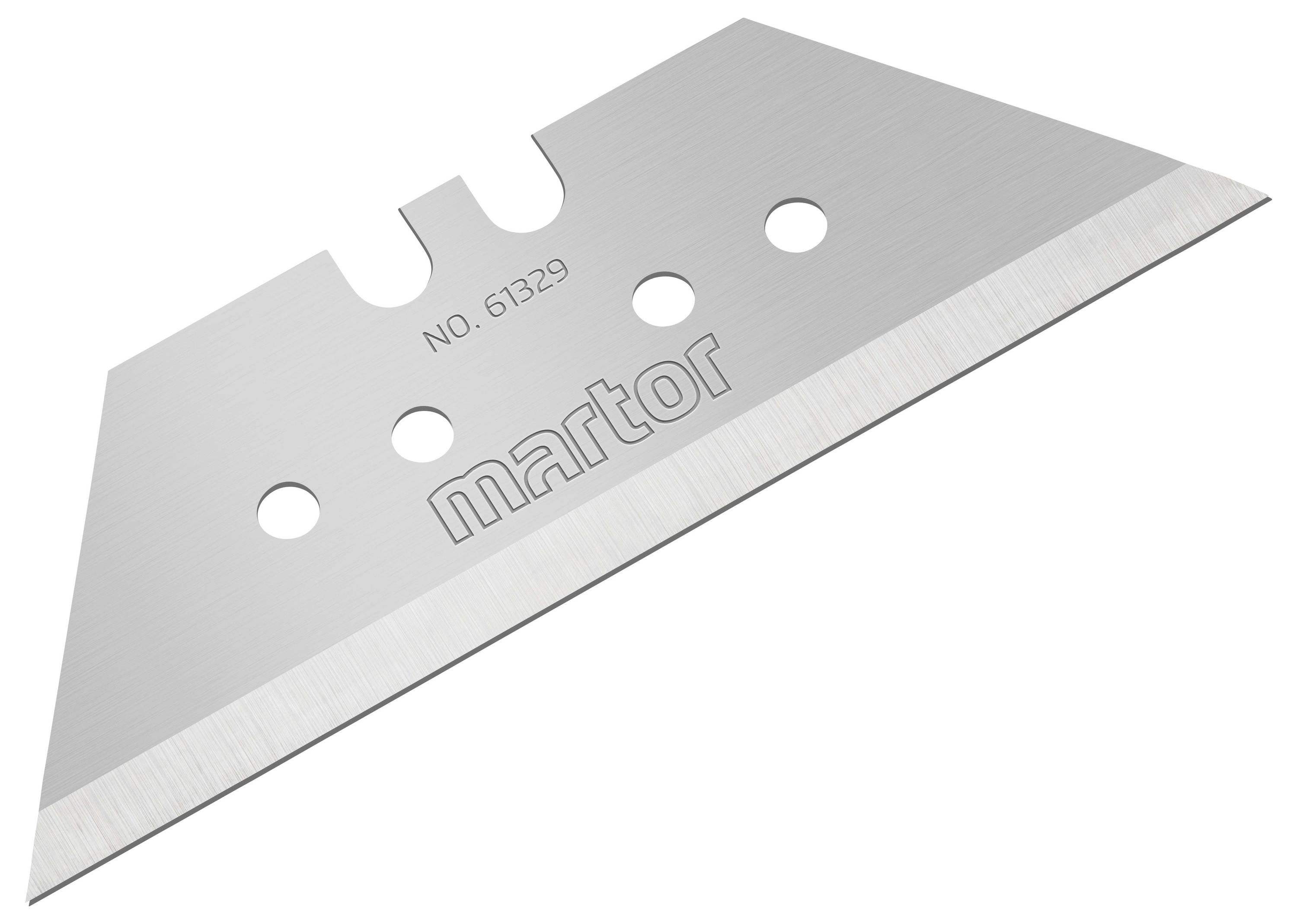 Une lame trapézoïdale argentée portant l'inscription 'martor' et 'NO. 61329' au centre, avec quatre trous et un tranchant acéré.