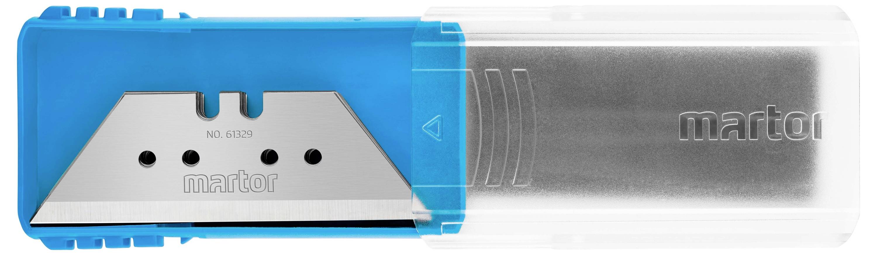 Un conteneur en plastique bleu contient une lame, partiellement visible, portant l'inscription 'martor'.