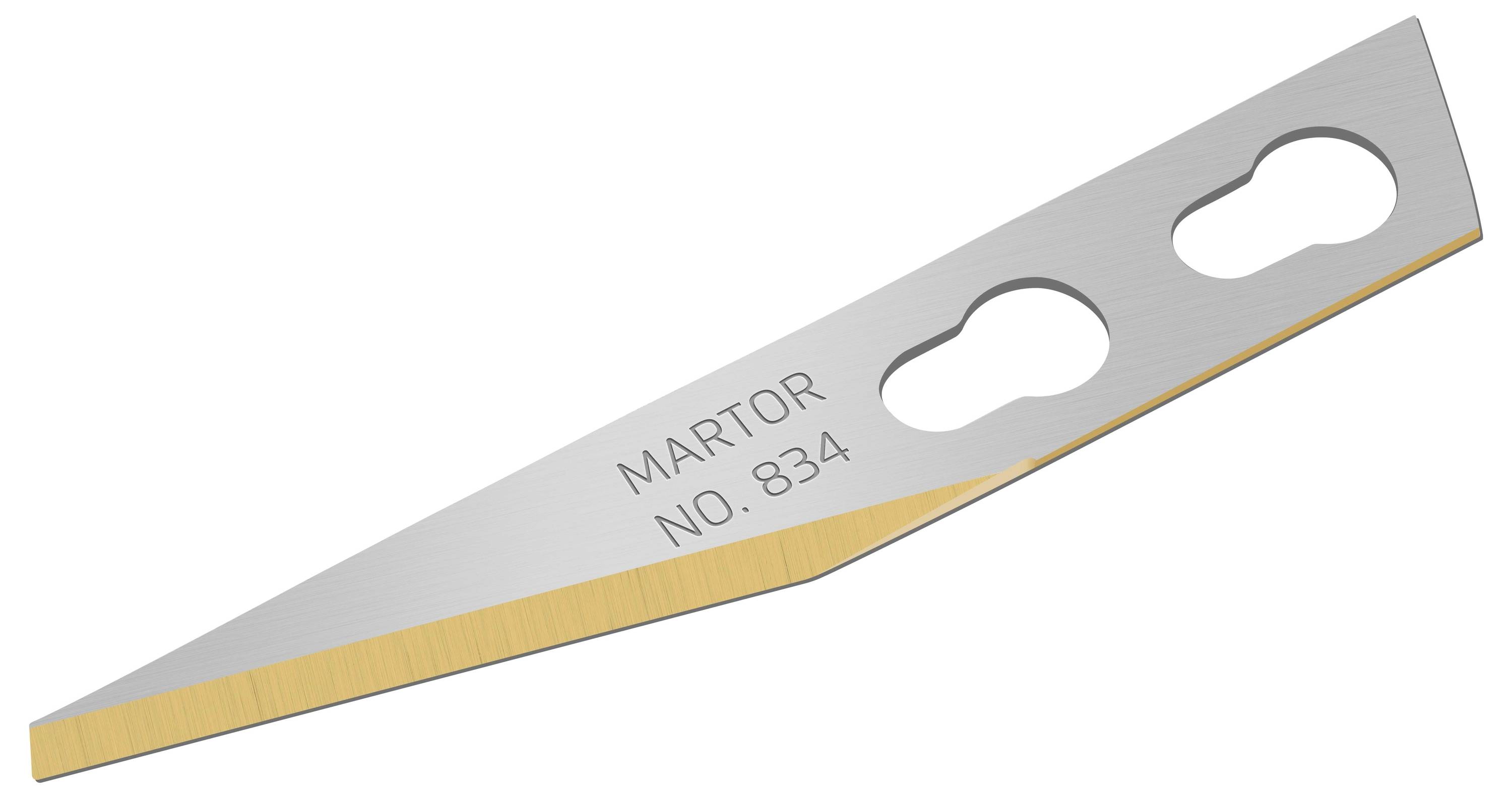 L'image représente une lame Martor, modèle n° 834, dotée d'une pointe acérée et de deux trous de fixation.