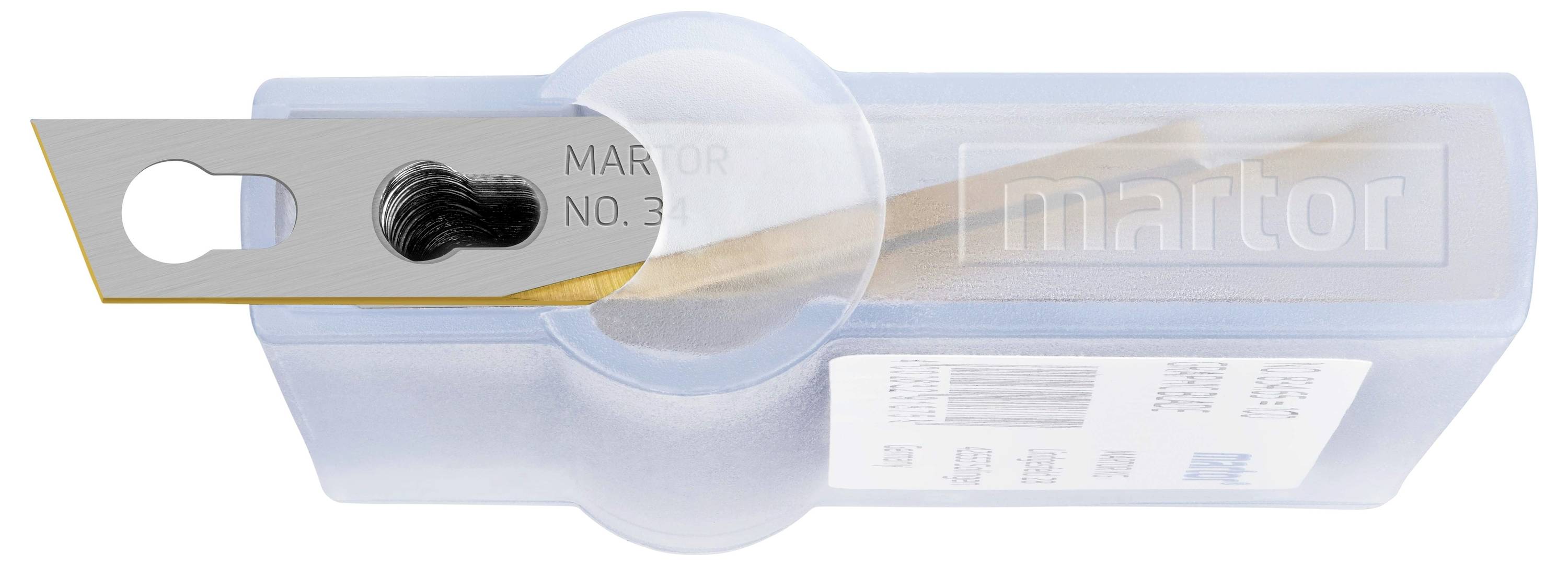 Boîte en plastique contenant un support de lame avec l'inscription 'MARTOR NO. 36'. Comprend une lame à pointe recourbée.