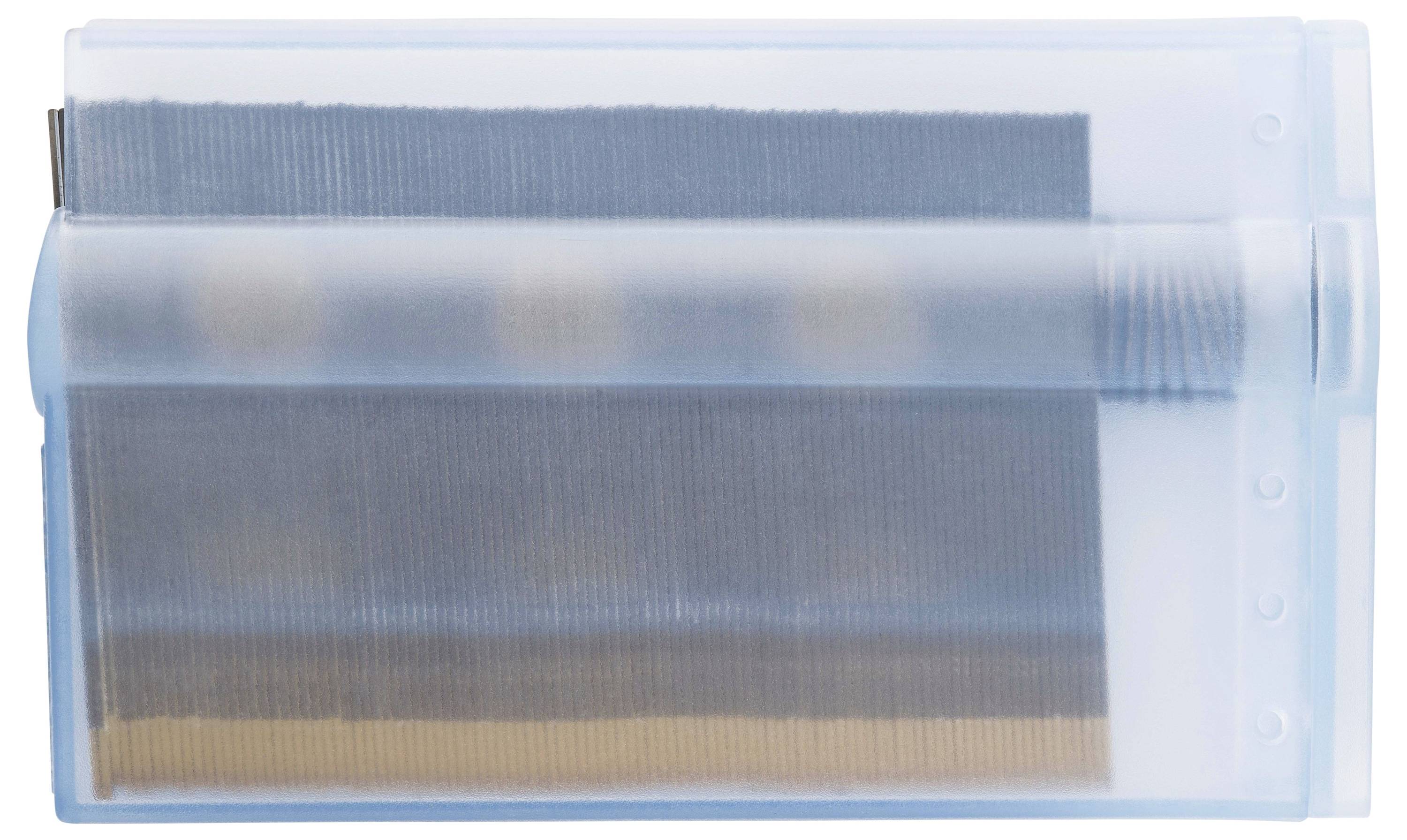 Un couvercle de protection bleu clair pour lames de rasoir avec une section transparente qui permet de voir les lames.