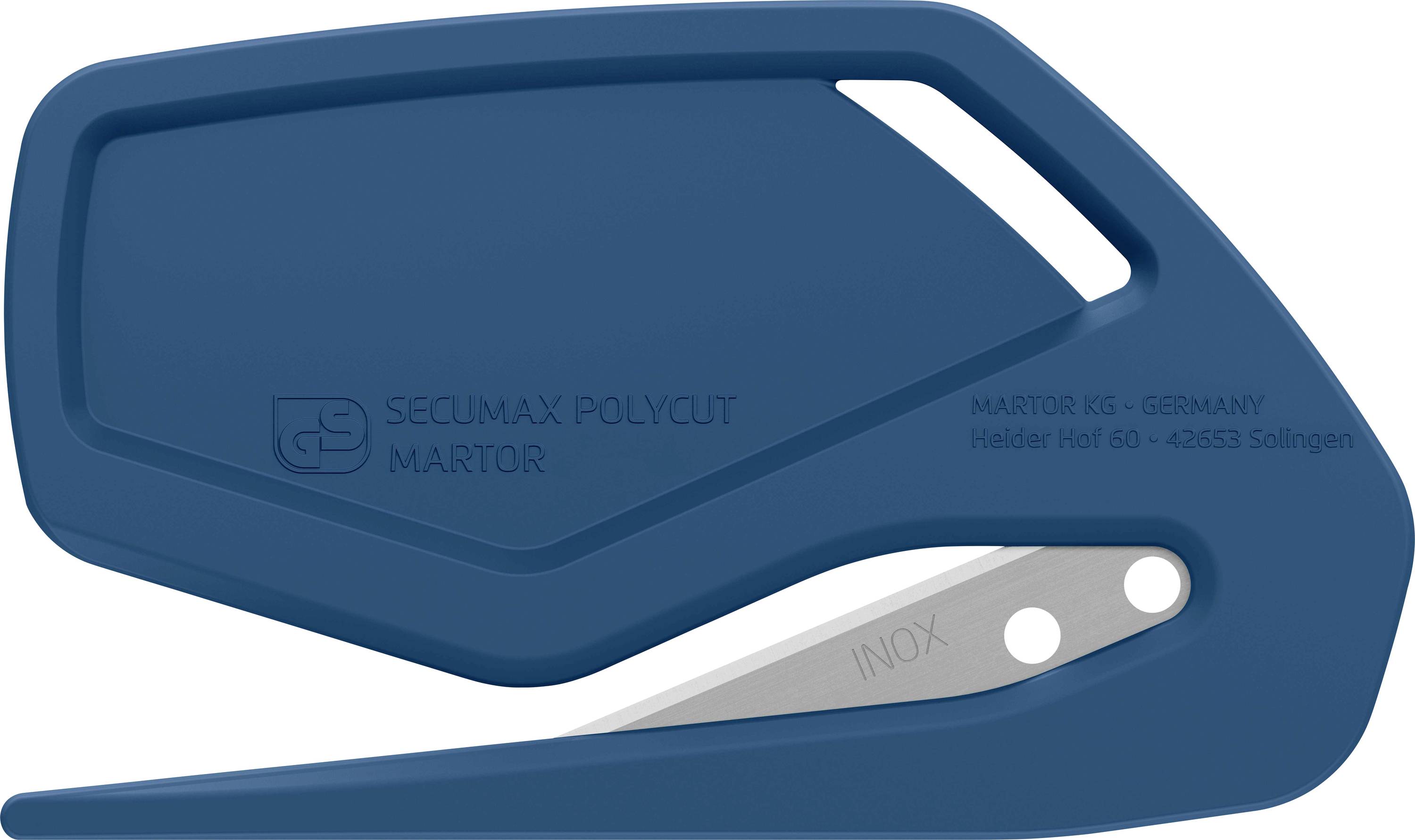 Un couteau de sécurité bleu avec un mécanisme de lame intégré et non visible. Marqué 'SECU MAX POLYCUT MARTOR' et 'INOX'.