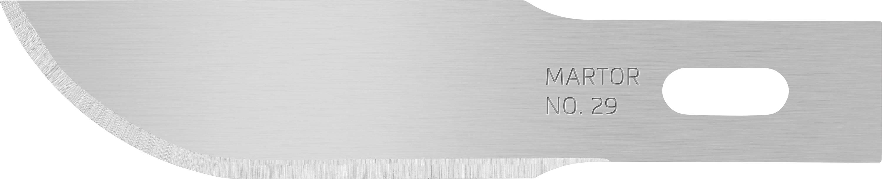Un couteau à lame de rechange en argent portant l'inscription 'MARTOR NO. 29', présentant une lame incurvée.