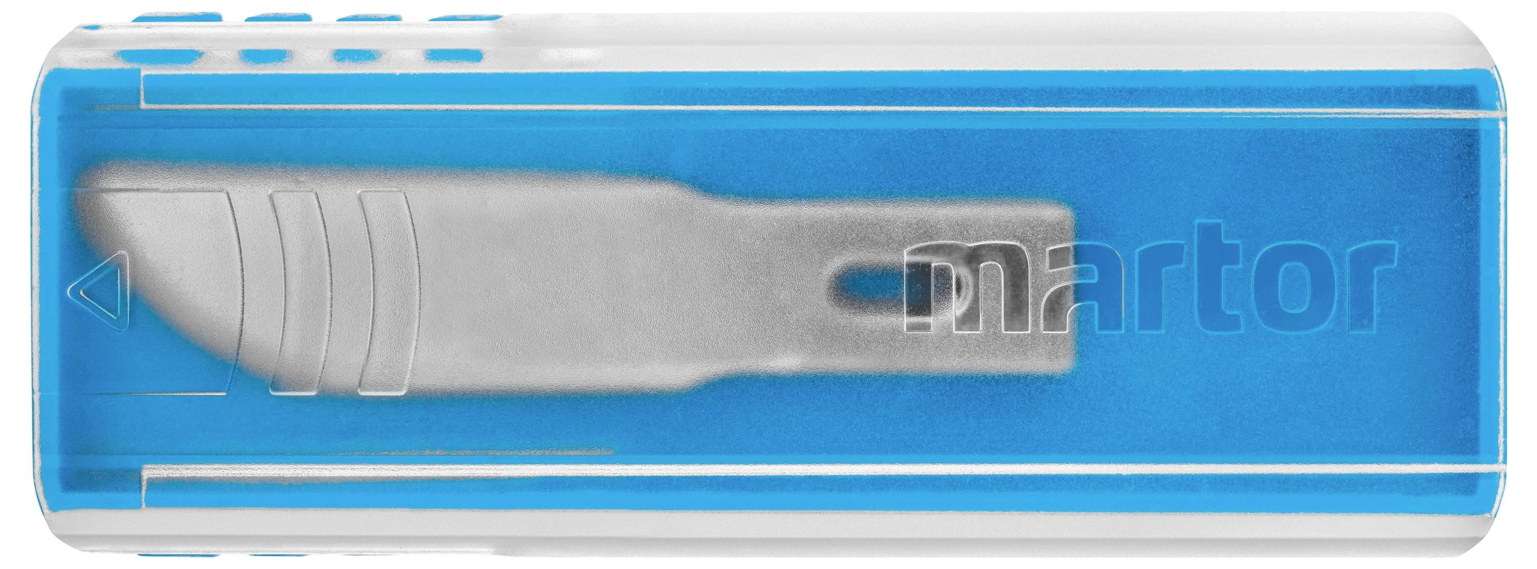 Un cutter bleu avec une lame rectangulaire visible ; la lame porte l'inscription 'martor'.