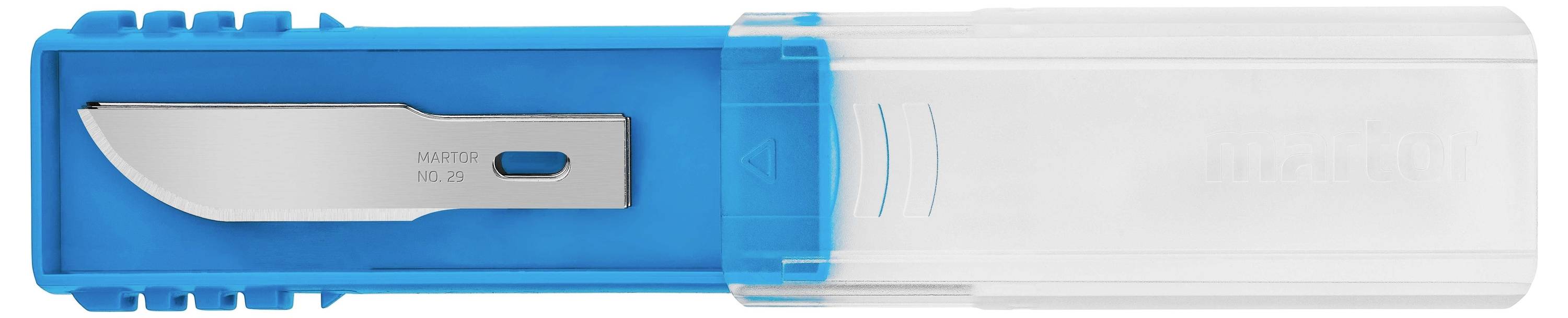 Un scalpel chirurgical jetable avec un manche bleu dans un étui en plastique transparent.