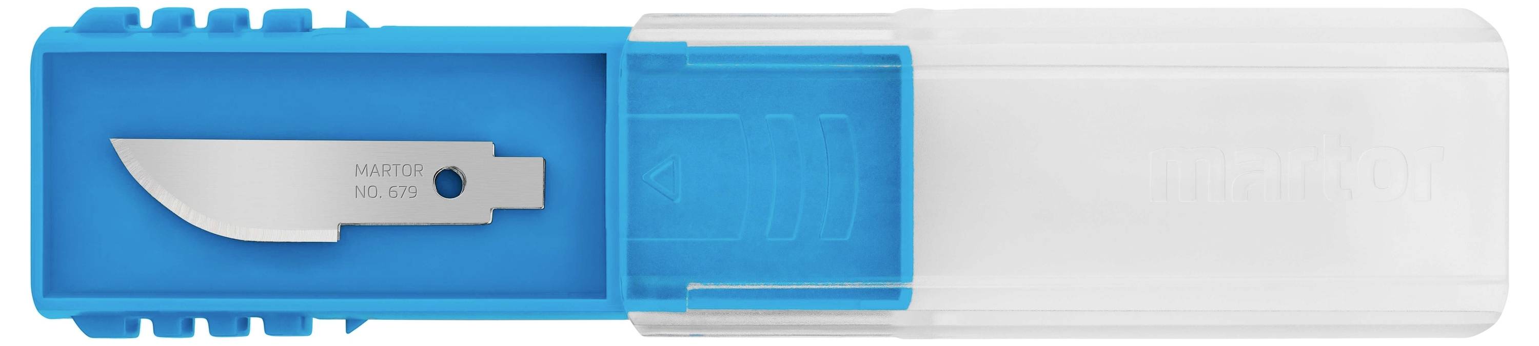 Un scalpel chirurgical dans un support bleu avec un couvercle transparent, montrant une lame métallique unique avec gravure.