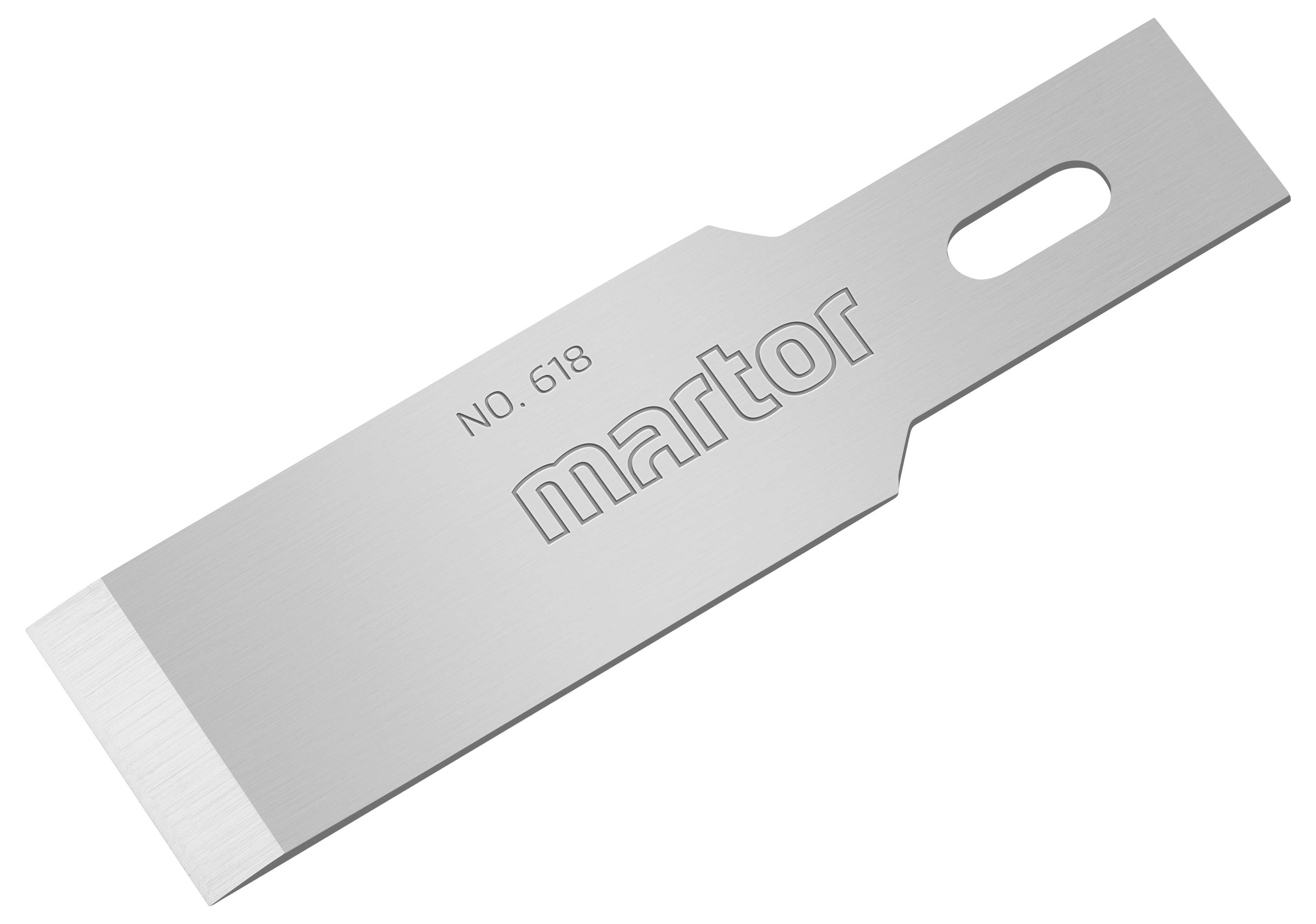 Lame de Martor n°61B en métal, de forme rectangulaire avec pointe arrondie. Adaptée aux travaux de coupe spécialisés.