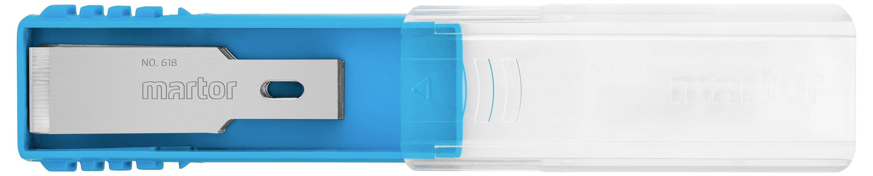 Cutter bleu avec lame en métal dans un boîtier de protection transparent et coulissant.