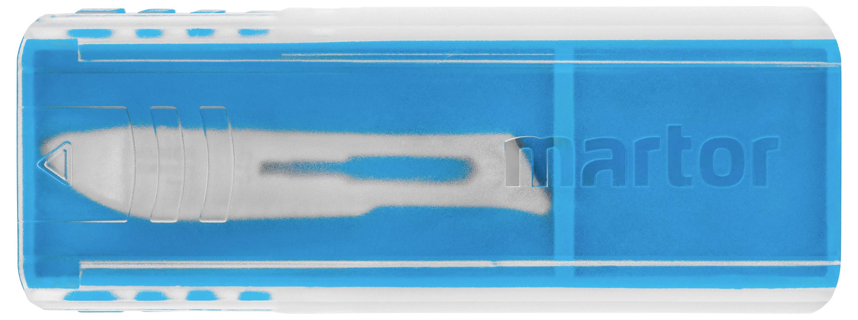Un distributeur de lames de sécurité bleu avec une lame visible, conçu pour un échange de lames en toute sécurité.
