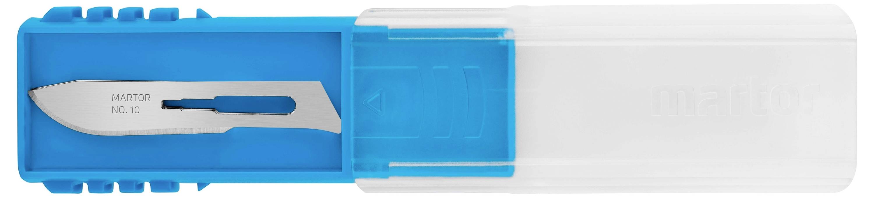 Un conteneur en plastique bleu avec une lame chirurgicale, protégée par un couvercle transparent.