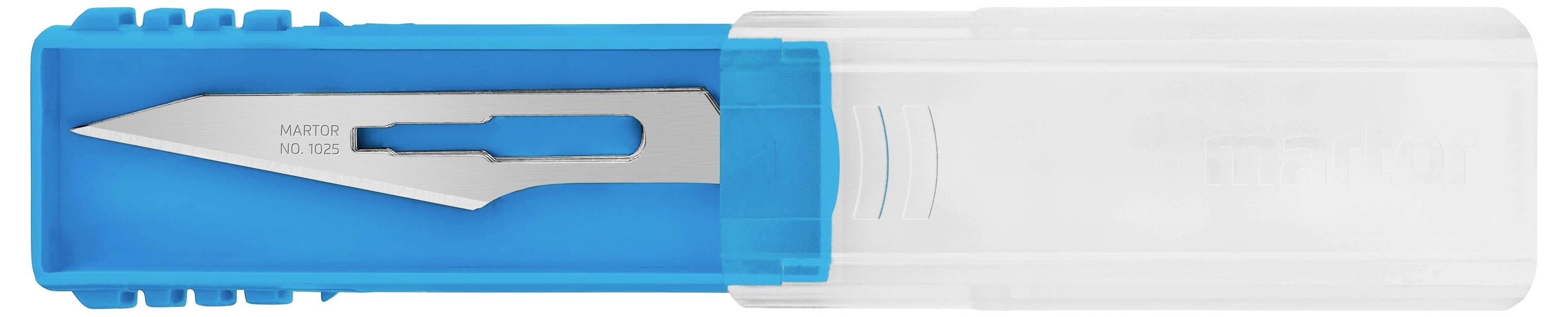 Un scalpel argenté dans un boîtier en plastique bleu, partiellement transparent, montre la lame sur le côté gauche.
