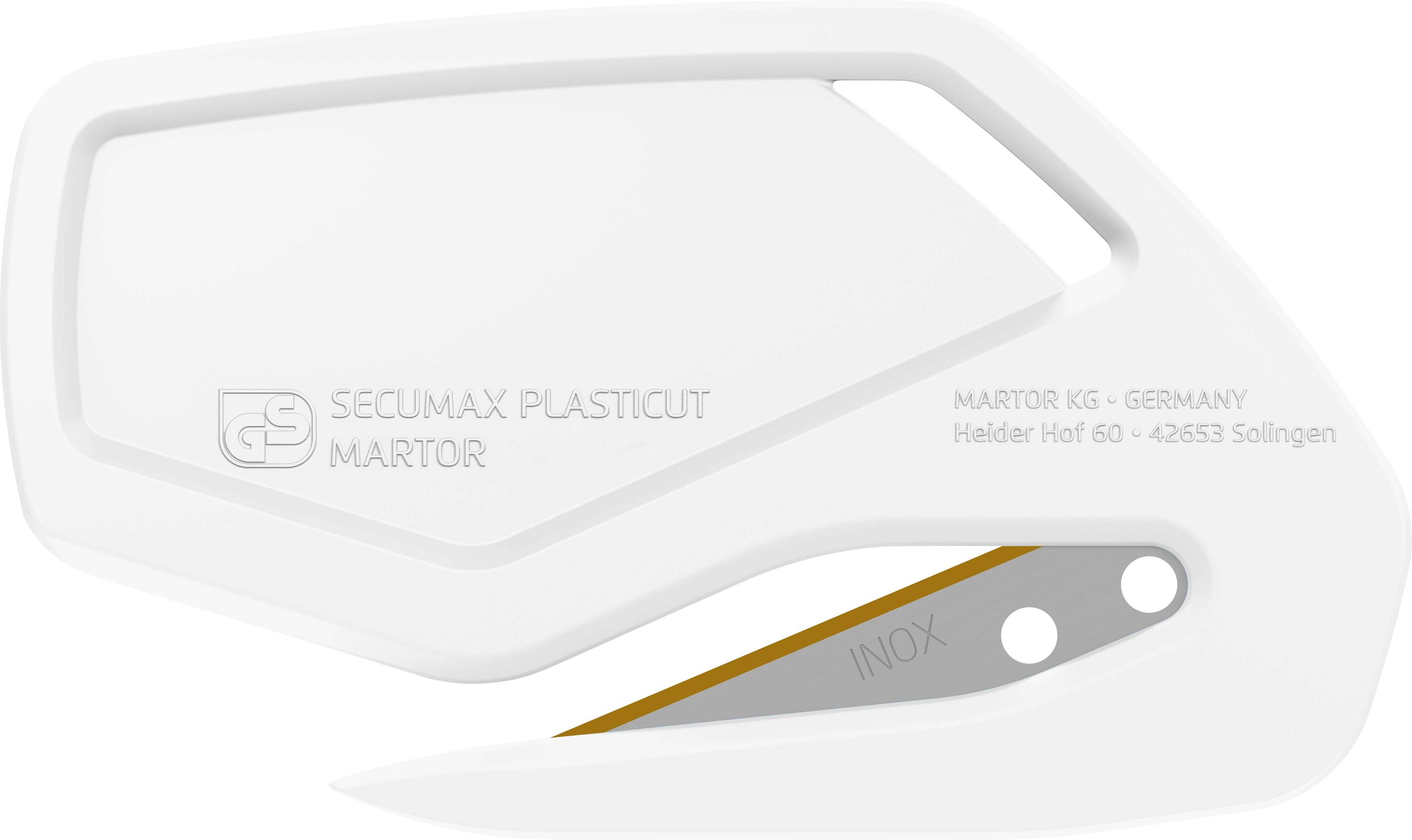 Un coupe-plastique de sécurité blanc de Martor, Allemagne, avec une lame visible et l'inscription 'SECUMAX PLASTICUT'.