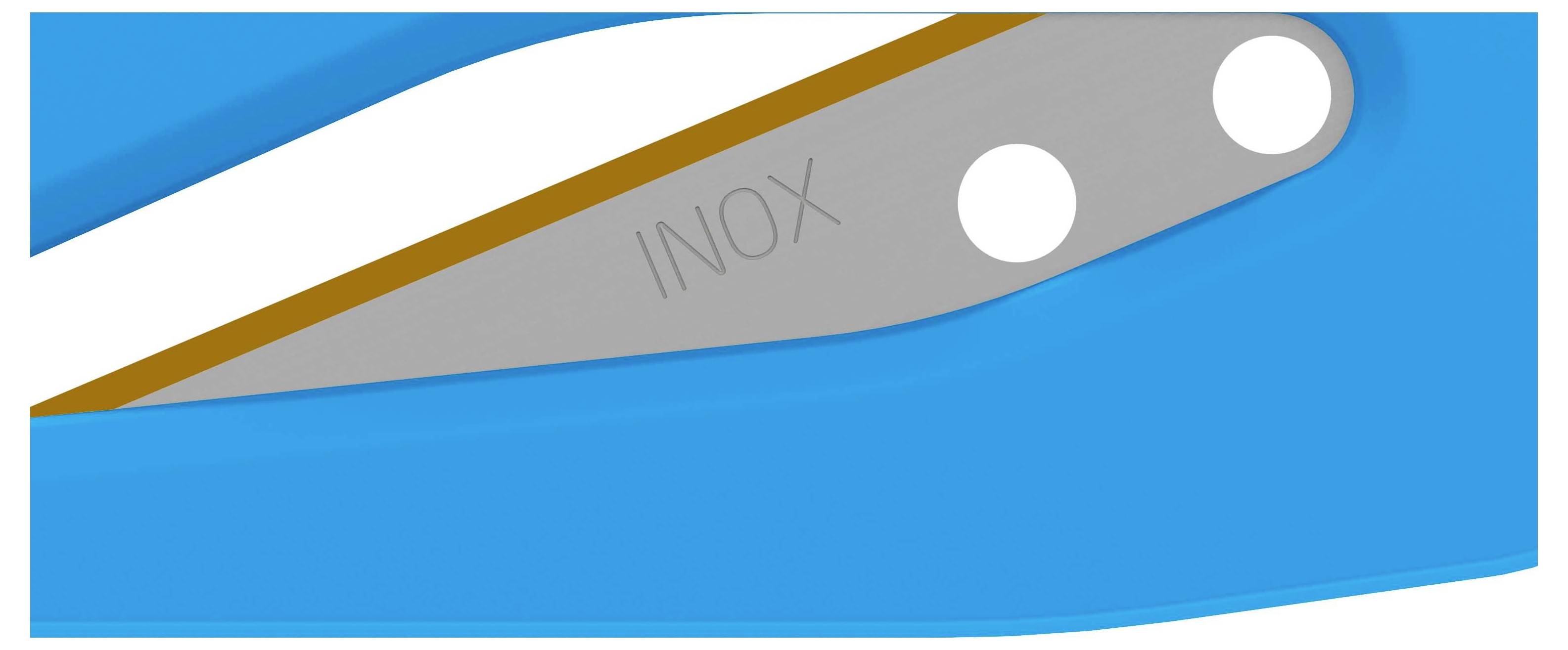 Gros plan sur des ciseaux avec une poignée bleue et une lame argentée. Le mot 'INOX' est gravé sur la lame.