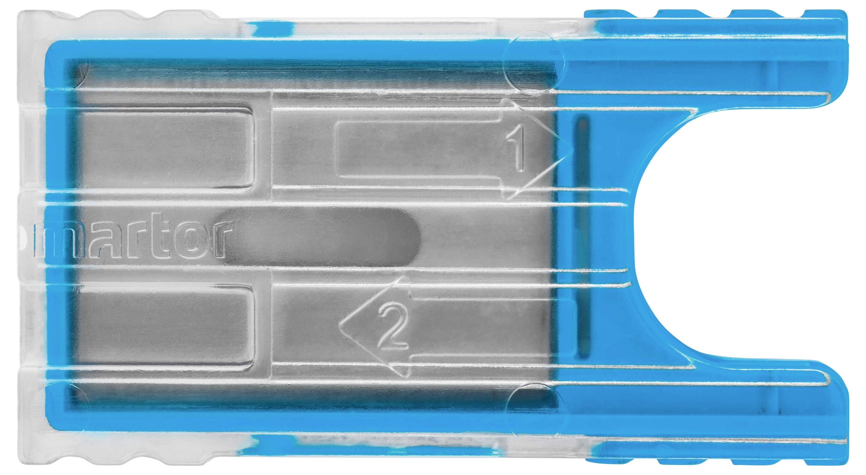 Protection de lame avec bord en plastique bleu et boîtier transparent ; contient une lame pour un rasoir.