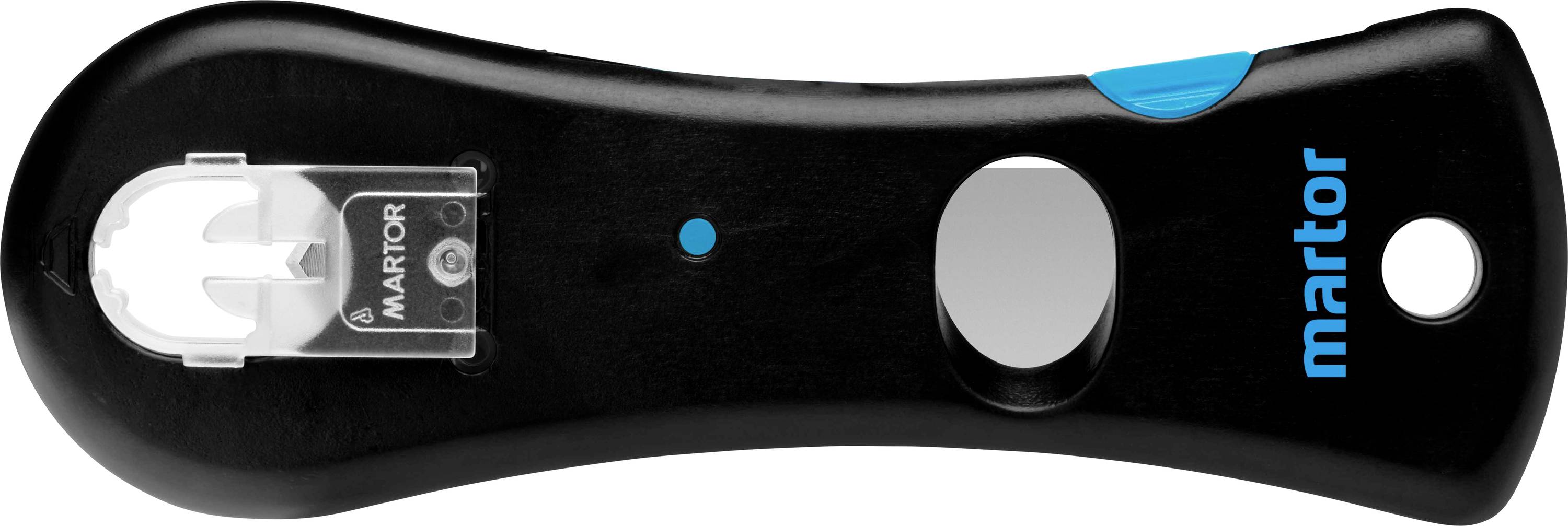 Coupe-boîte de sécurité noir de Martor avec bouton bleu, protège-lame transparent et poignée ergonomique.