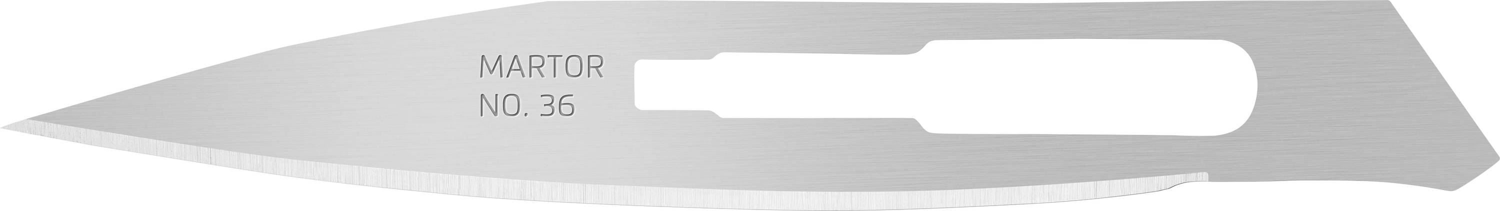 Un couteau de rechange argenté portant l'inscription 'Martor No. 36', long et étroit, principalement utilisé pour couper divers matériaux.