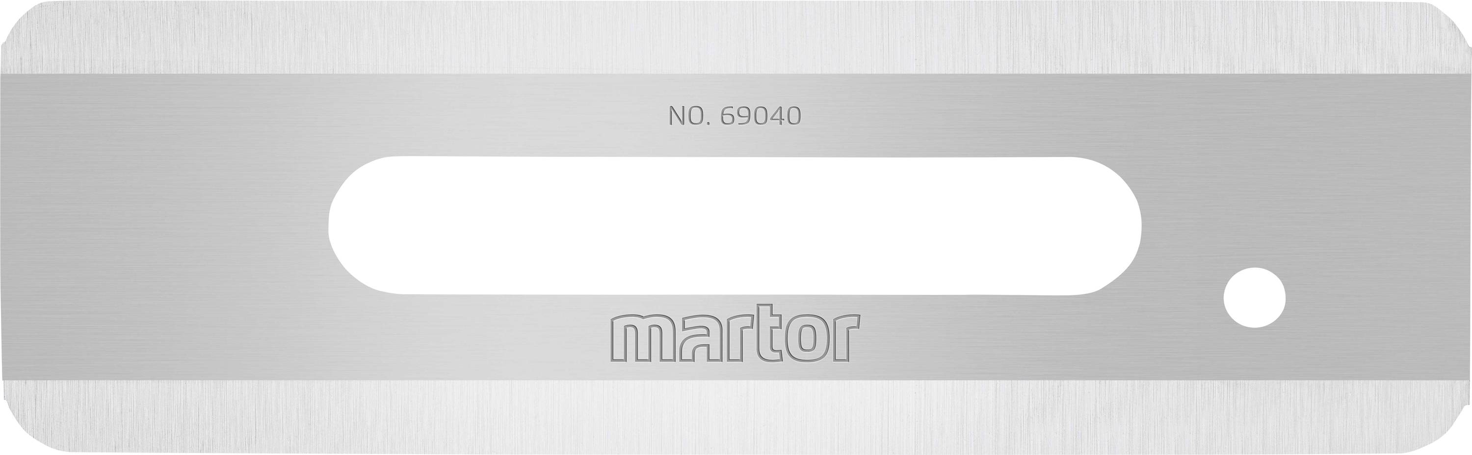 Un morceau de métal rectangulaire avec un évidement ovale au centre, portant la désignation 'NO. 69040' et le nom de marque 'martor' en dessous.