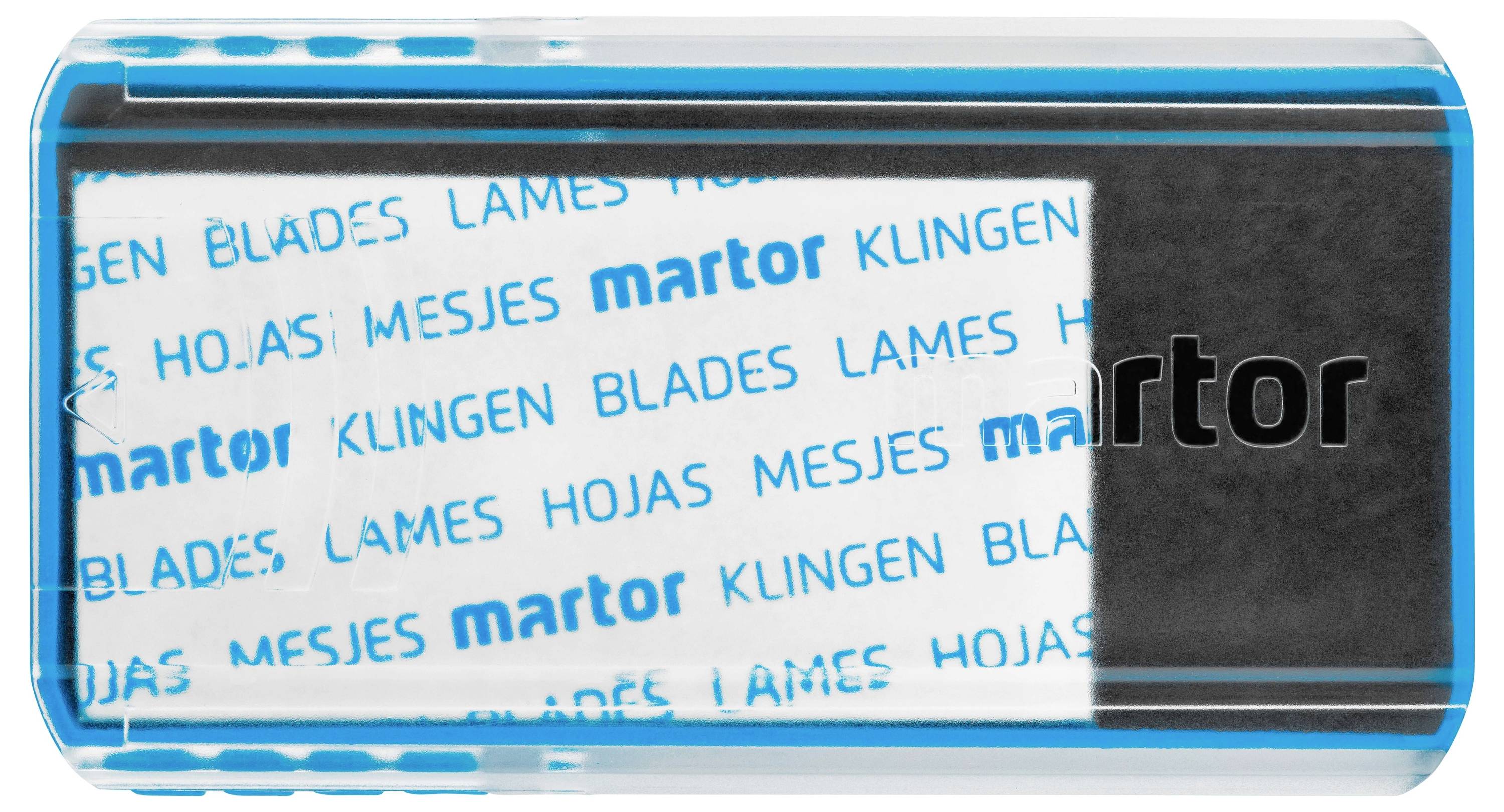 Boîte en plastique transparent avec des emballages de lames bleues. Sur l'emballage, le mot 'Lames' est écrit dans différentes langues.