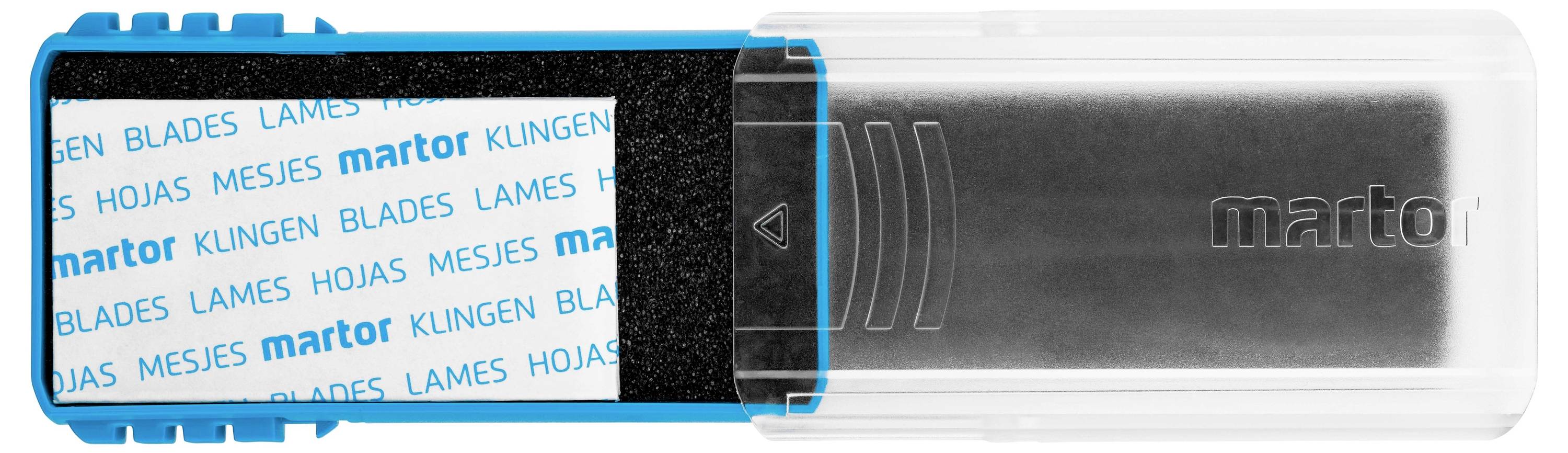 Un conteneur bleu et blanc pour lames avec l'inscription 'martor' et des textes en plusieurs langues. Boîtier transparent à droite.