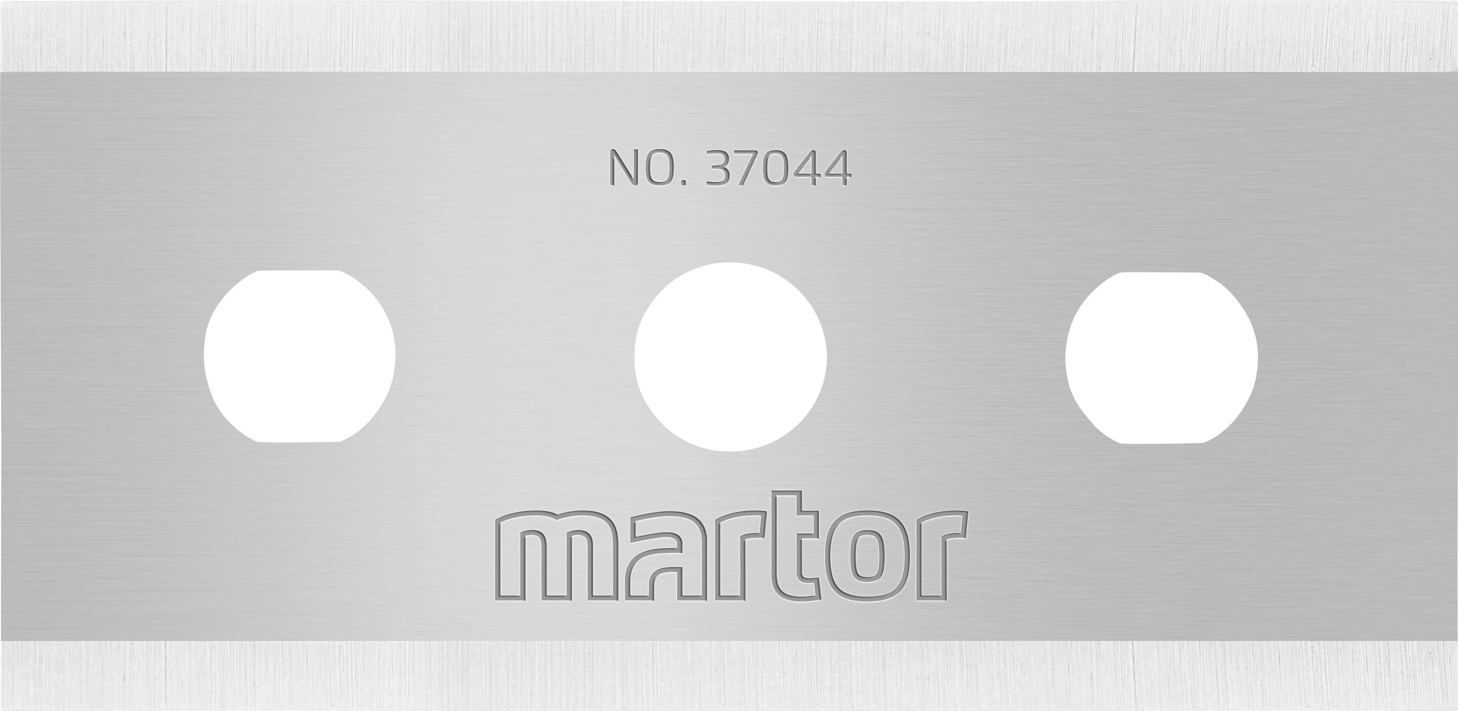 Une pièce de rechange en argent avec trois trous. En haut, le numéro 'NO. 37044', en bas l'inscription 'martor'.