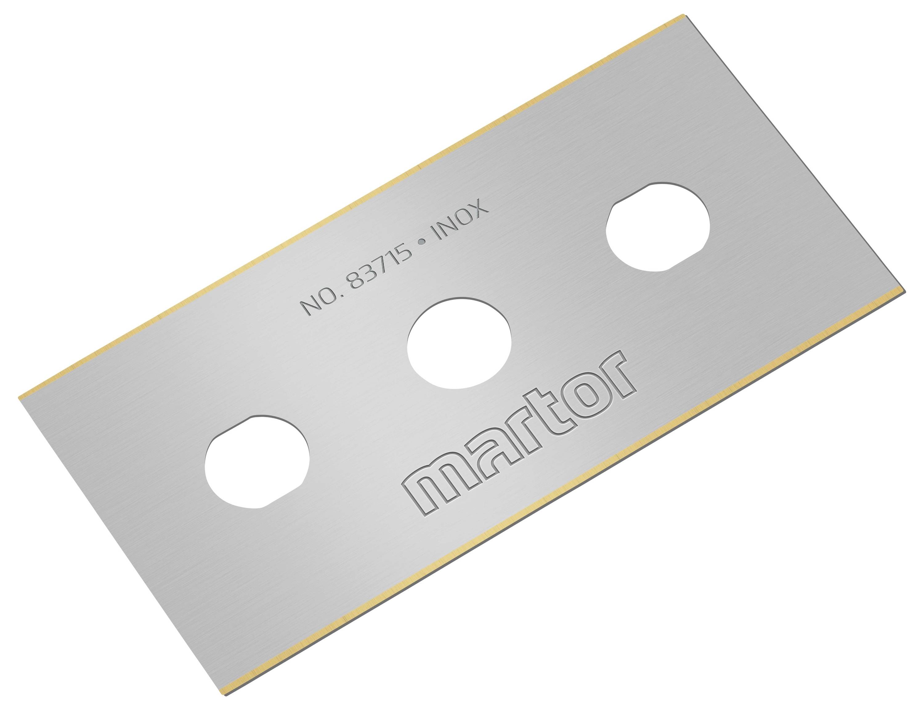 Lame de rasoir rectangulaire en argent avec trois trous ronds et la gravure 'NO. 83715 • INOX' ainsi que le nom de marque 'martor'.