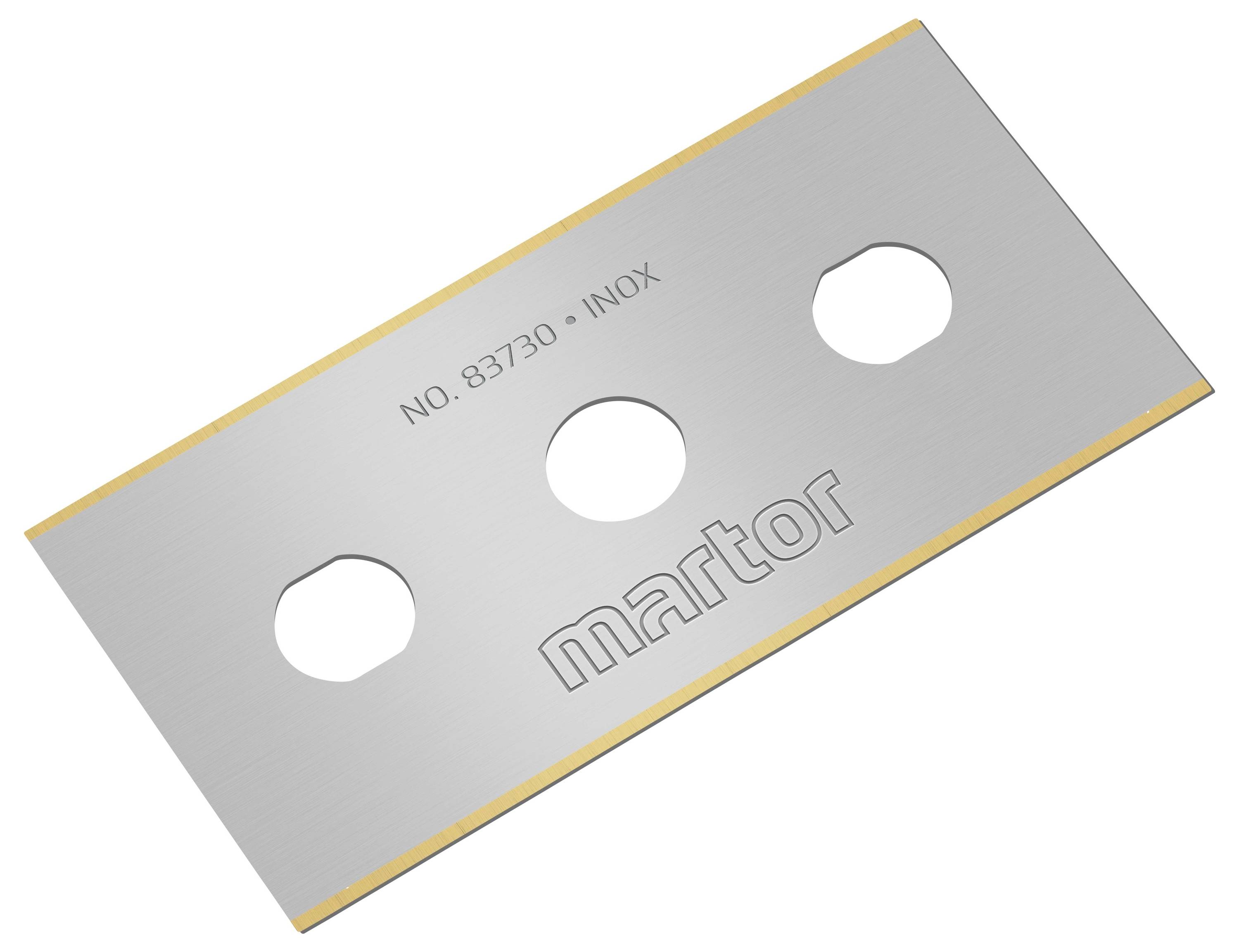 Lame de rasoir en acier inoxydable avec trois trous ronds et un bord orange. Texte sur la lame : « NO. 83730 · INOX » et « martor ».