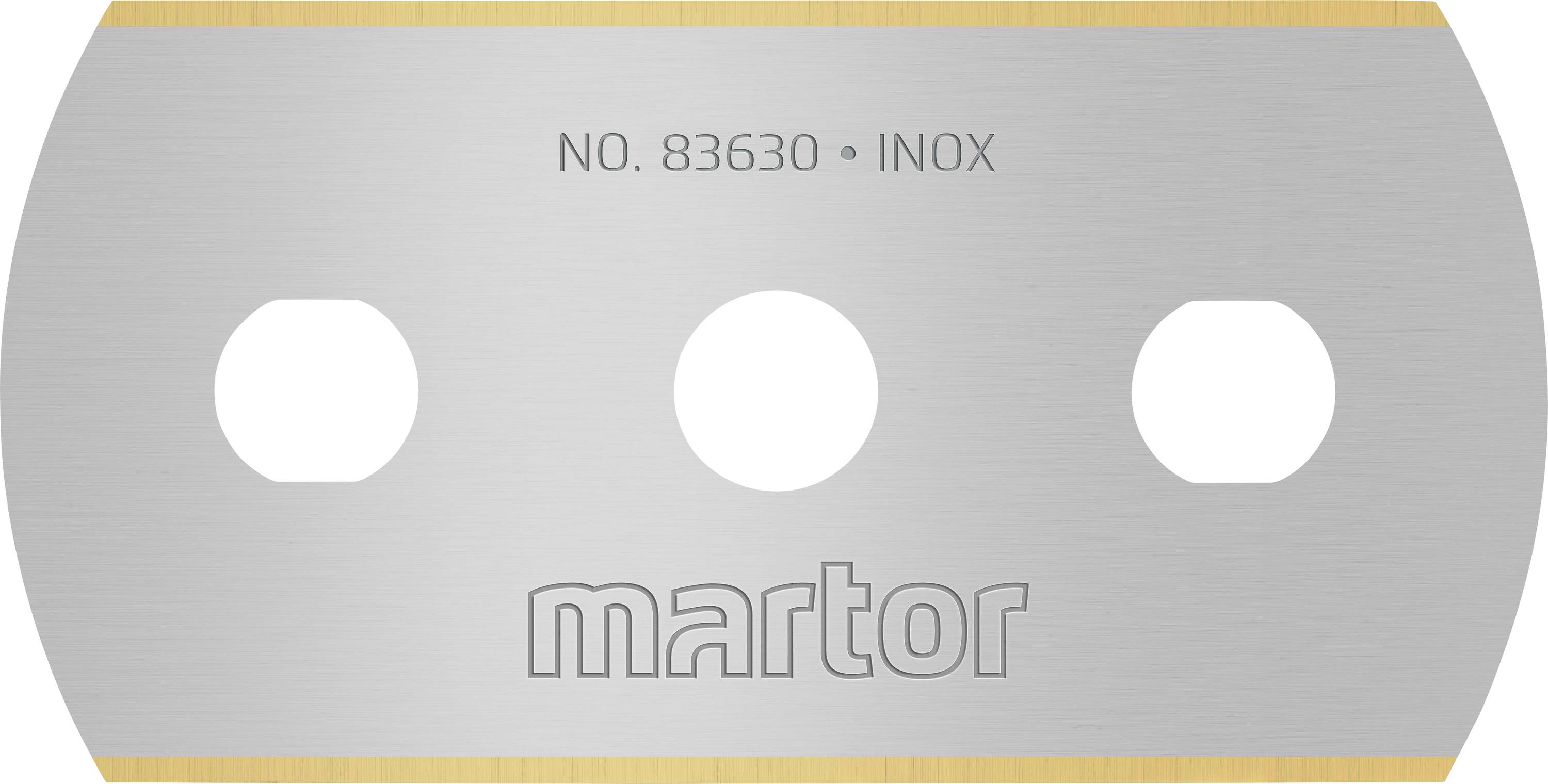 Lame avec trois trous symétriques, numéro 83630, marquée 'inox', fabricant 'martor', adaptée aux outils de coupe.