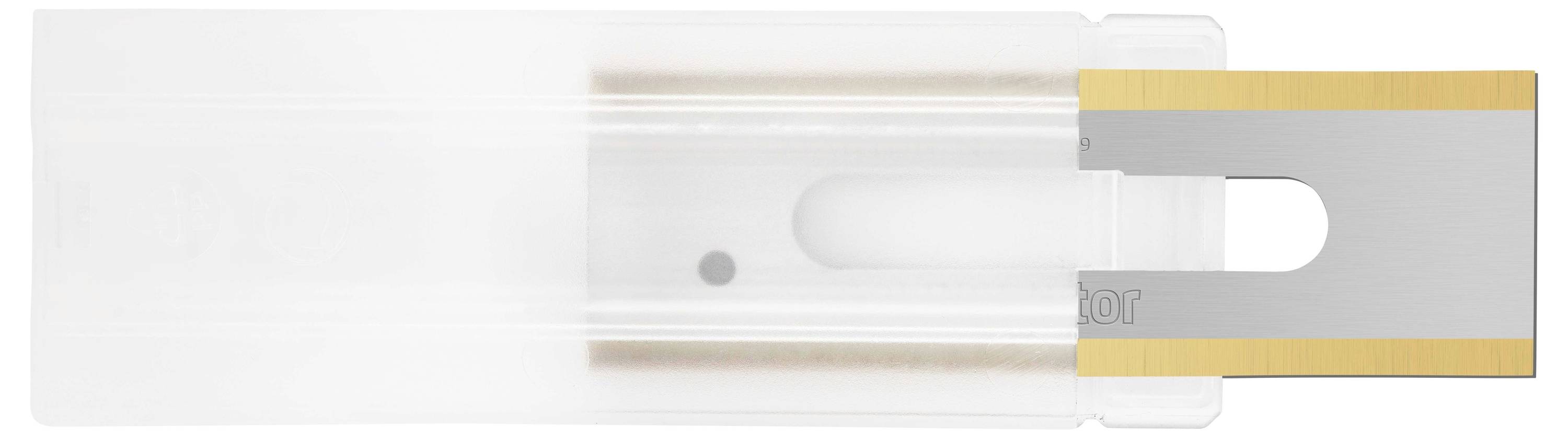 Étui en plastique blanc et doré pour lame de rasoir avec lame visible.