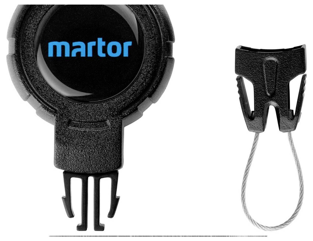 Un appareil noir et rond portant le texte 'martor' en bleu, à côté d'un clip noir amovible avec un câble métallique.
