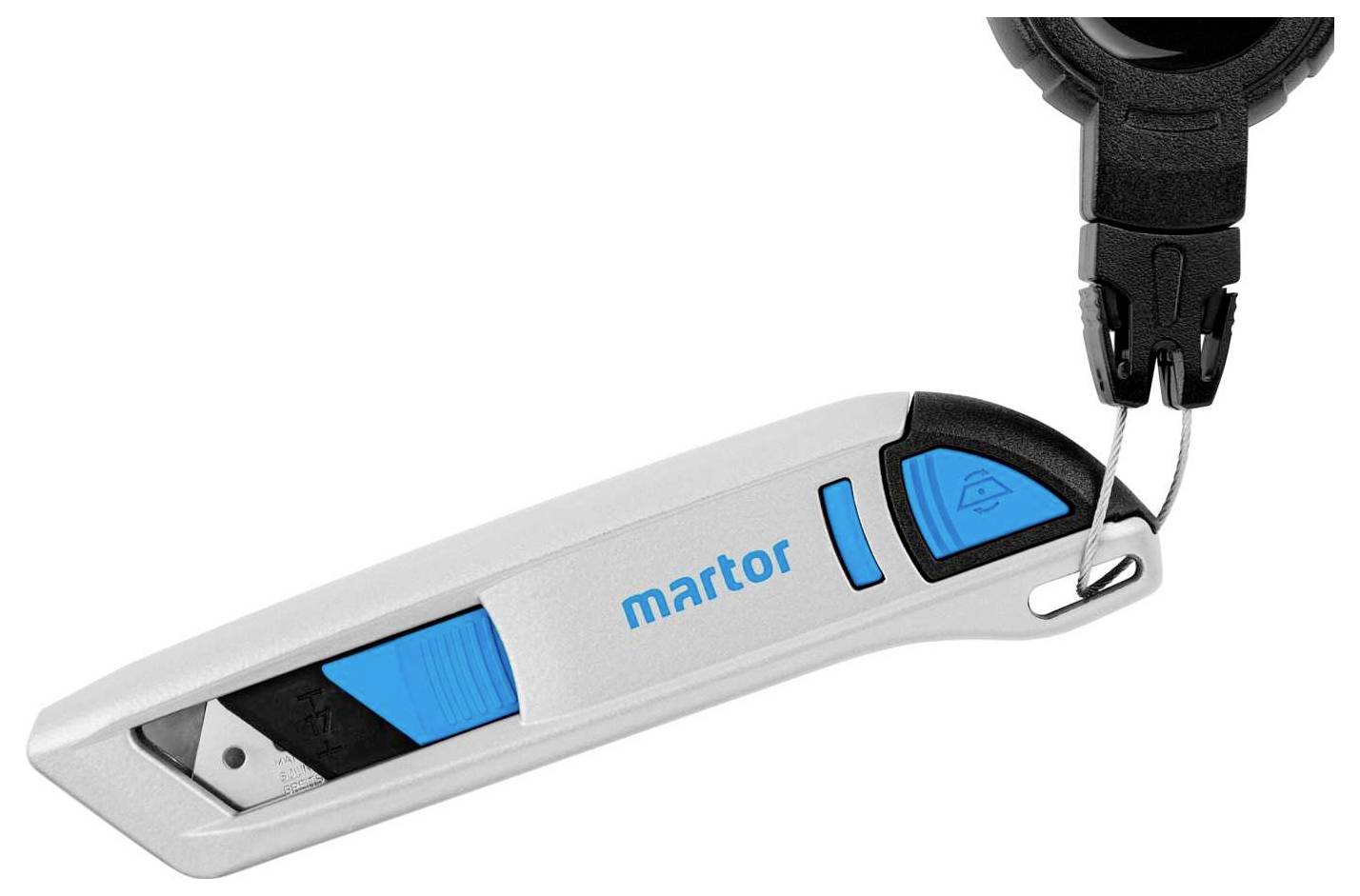 Couteau de sécurité Martor avec manche bleu et lame rétractable, présente un design ergonomique pour une coupe en toute sécurité.