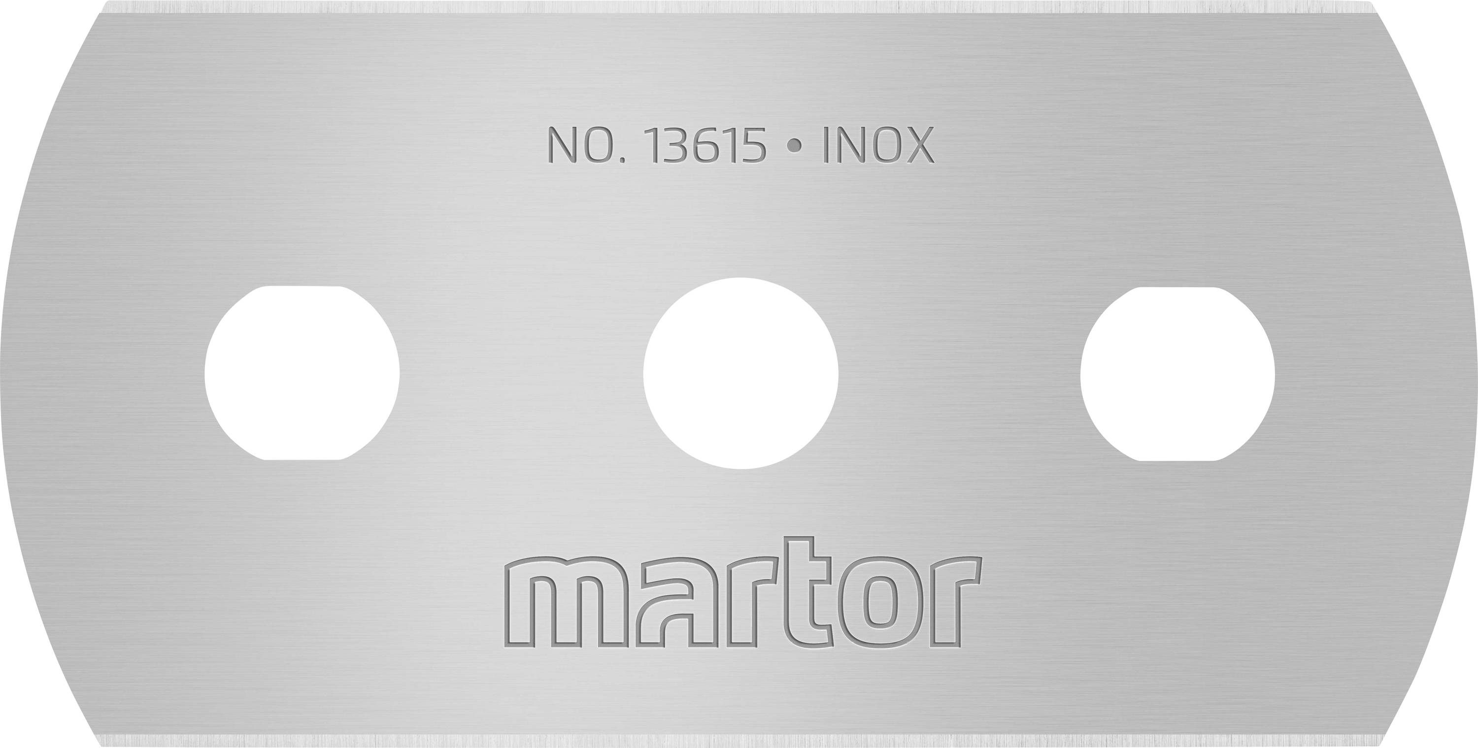 Lame de rechange à trois trous en acier inoxydable gravée de l'inscription 'NO. 13615 INOX' et 'martor' sur la lame.
