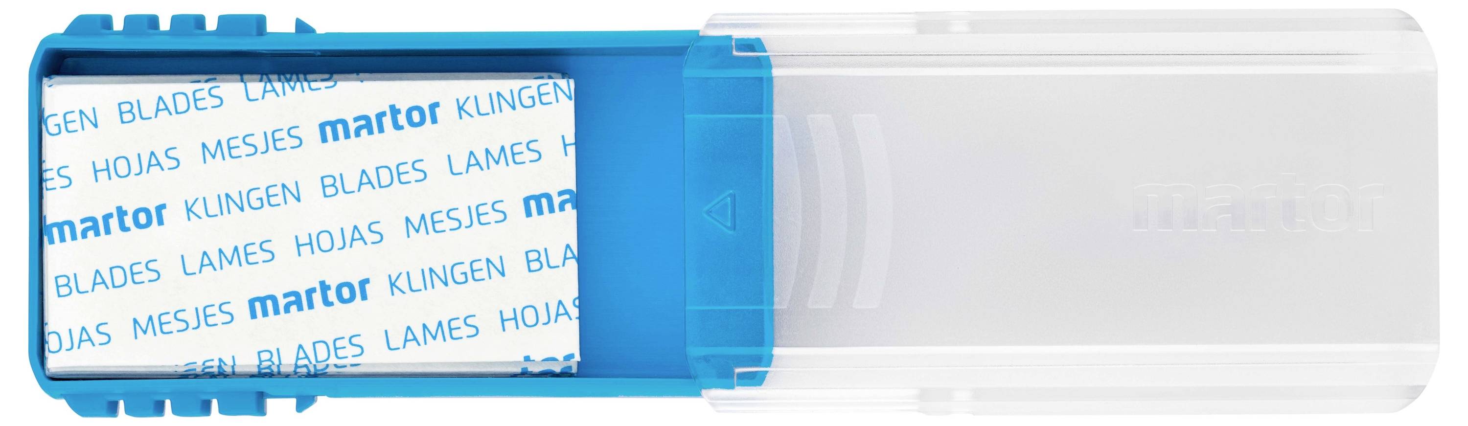 Une boîte en plastique bleu contient des lames dans un étui de protection transparent. Sur l'emballage est inscrit en plusieurs langues 'Lames'.