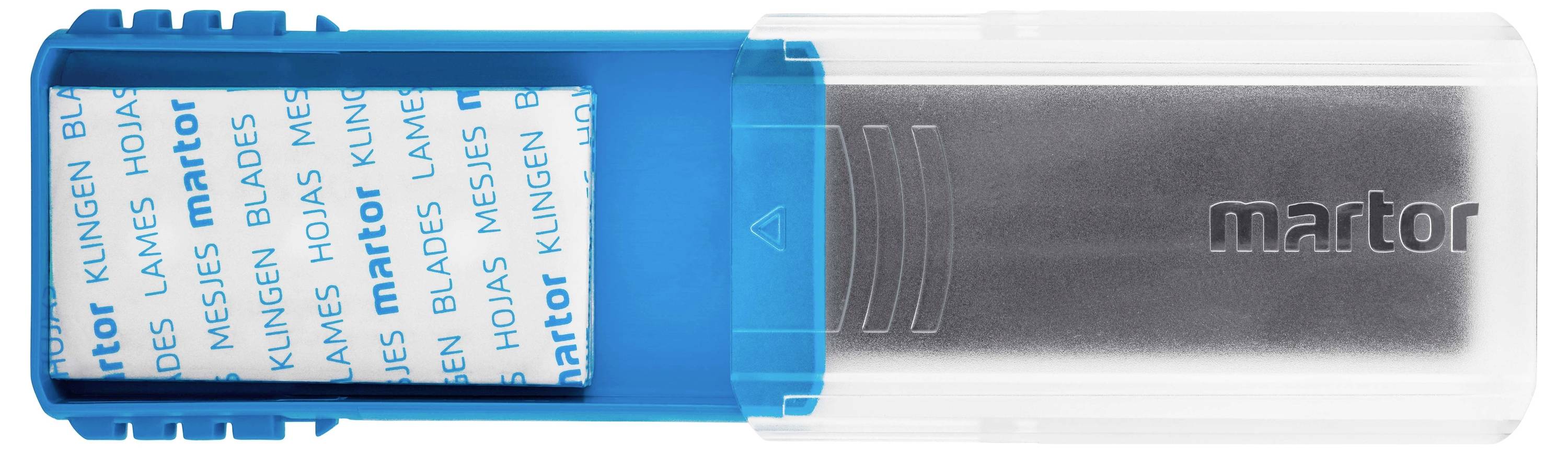 Un étui en plastique bleu transparent portant l'inscription 'MARTOR', contenant des lames de rechange blanches pour outils de coupe.