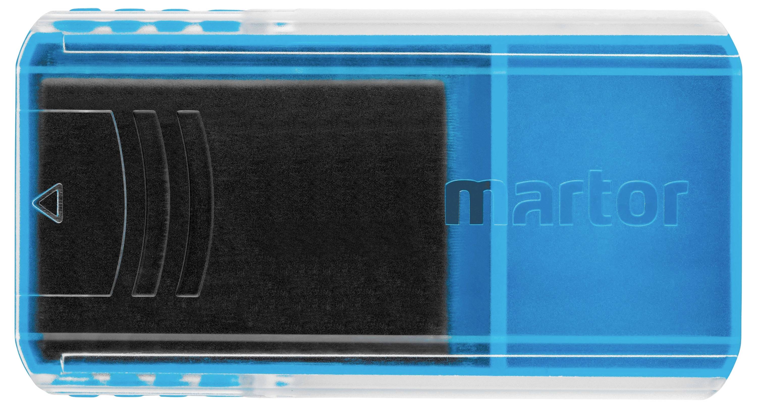 Un bloqueur RFID bleu avec encart noir, adapté pour sécuriser les cartes de crédit contre la lecture non autorisée.