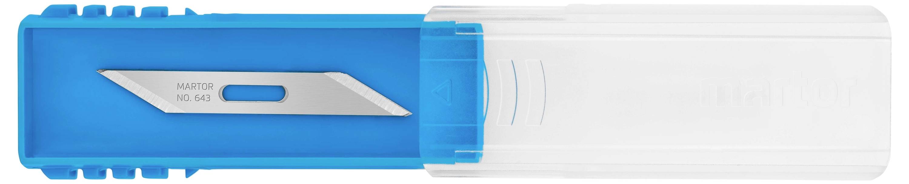 Lame de sécurité 'Martor' dans un support en plastique bleu, partiellement transparent, lame apparente visible à travers une fenêtre transparente.